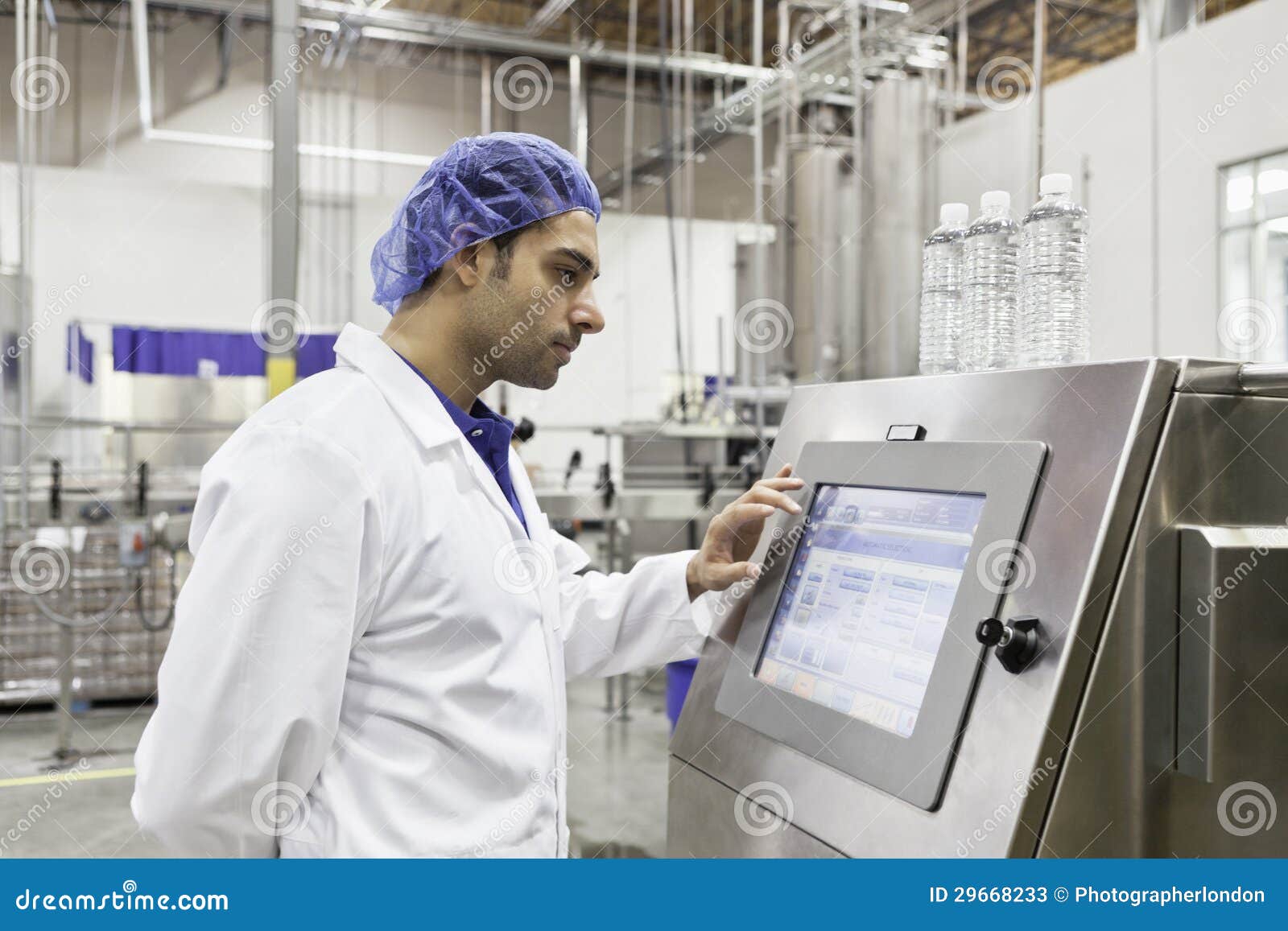 Industrial Worker at Bottling Machine Stock Image Image of