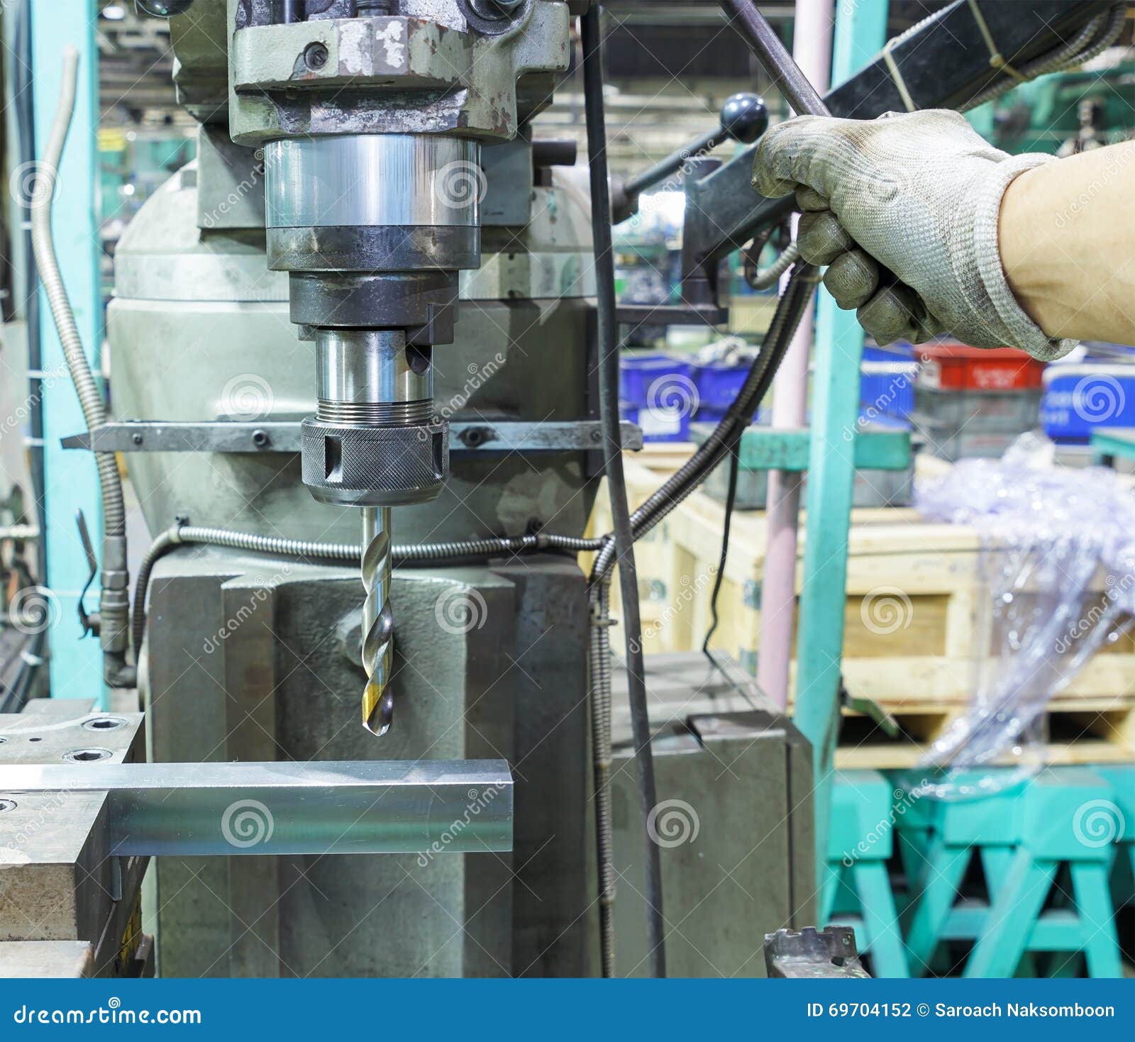 Industrial Worker Drilling a Hole on a Metal Bar Stock Photo Image of