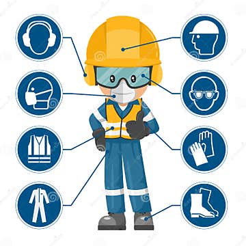 Industrial Worker with Personal Protective Equipment and Icons, Safety ...