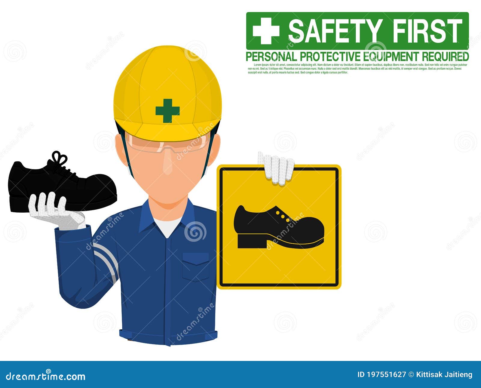 Industrial Worker is Presenting Safety Shoe Sign Stock Vector -  Illustration of electric, foot: 197551627