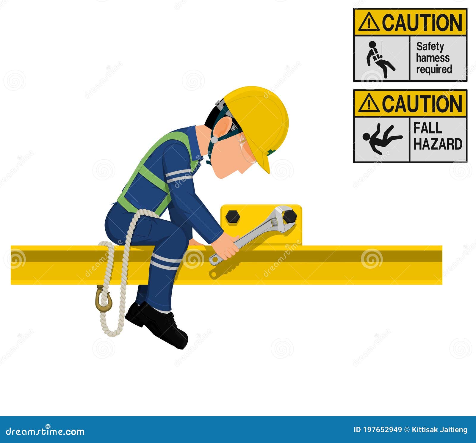 an industrial worker with safety harness is working at height