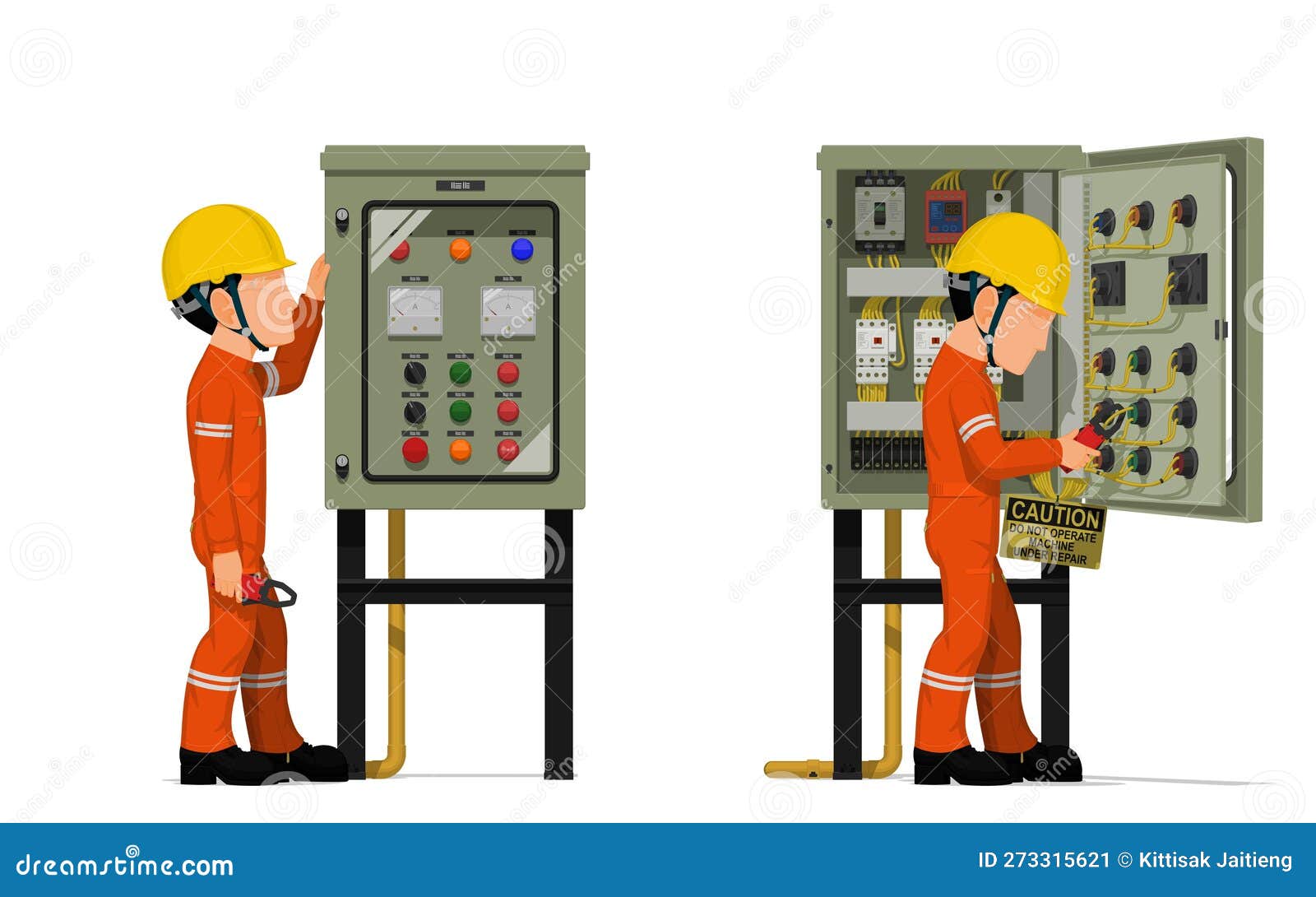 Industrial Workers Use Clamp Meter To Measuring Electric Current in the