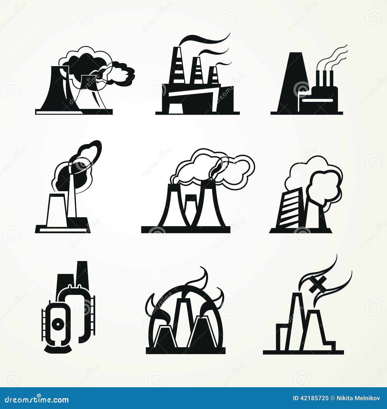 Industriële Fabriekspictogrammen. Reeks zwart-wit pictogrammen Industriële gebouwen (fabrieken)