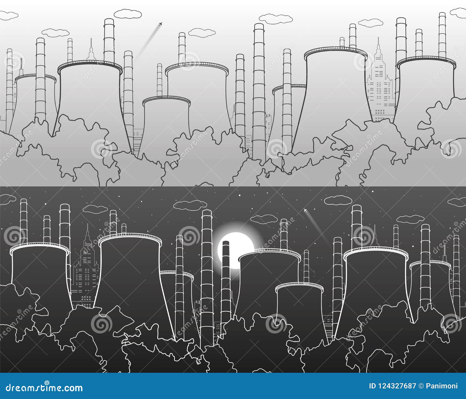 Industry Illustration Factory Thermal Power Plant Urban Scene Pipes And Smoke White And Gray Lines On Light And Dark Backgroun Stock Vector Illustration Of Modern Background 124327687