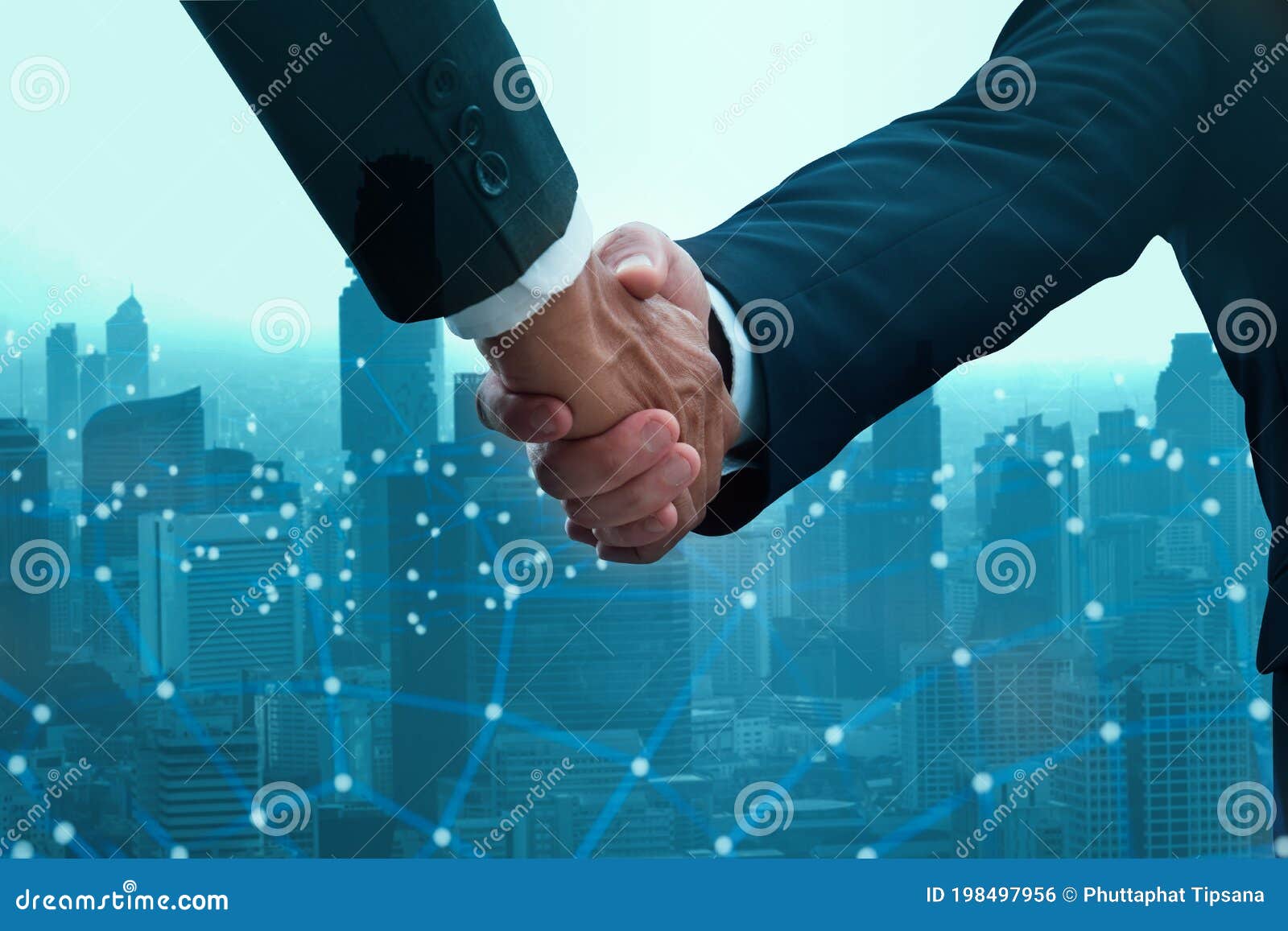 industry investment and telecommunication business concept, business people team join and handshake and negotiate for mergers and