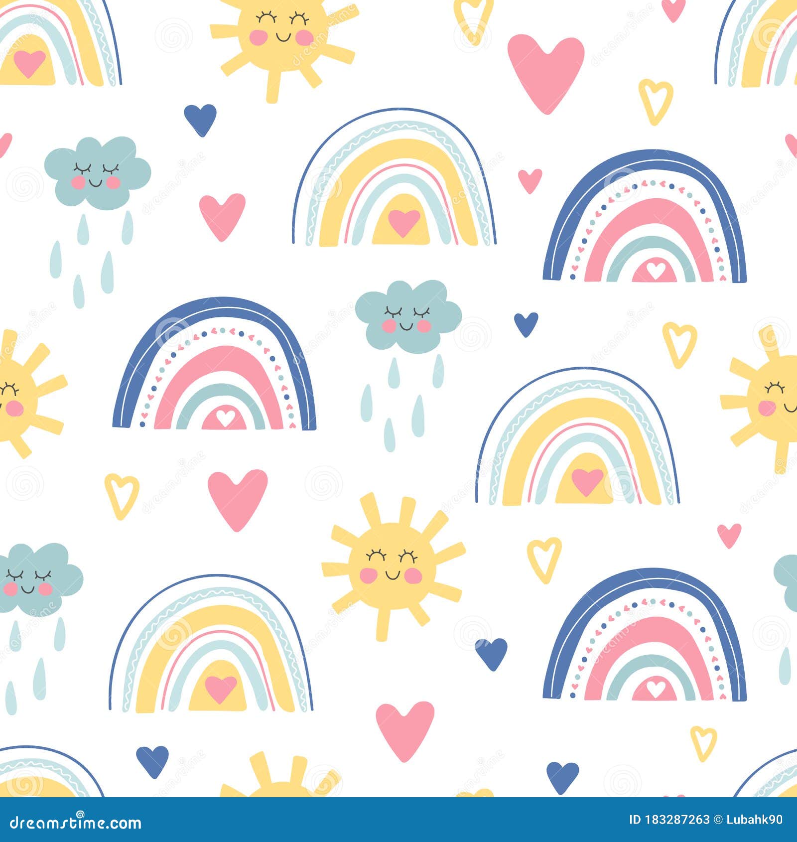 padrão perfeito com sol kawaii, arco-íris e nuvem sobre fundo azul