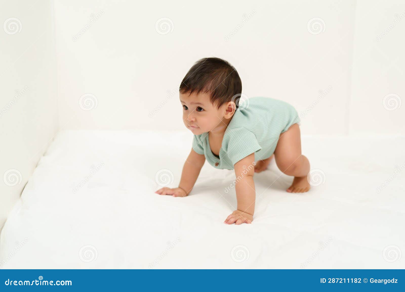 Infant Crawling on Floor Inside Baby Playpen Stock Photo Image of