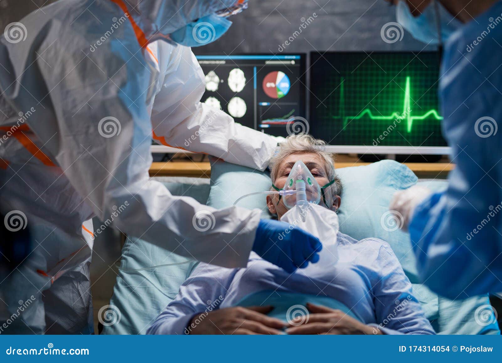 infected patient in quarantine lying in bed in hospital, coronavirus concept.