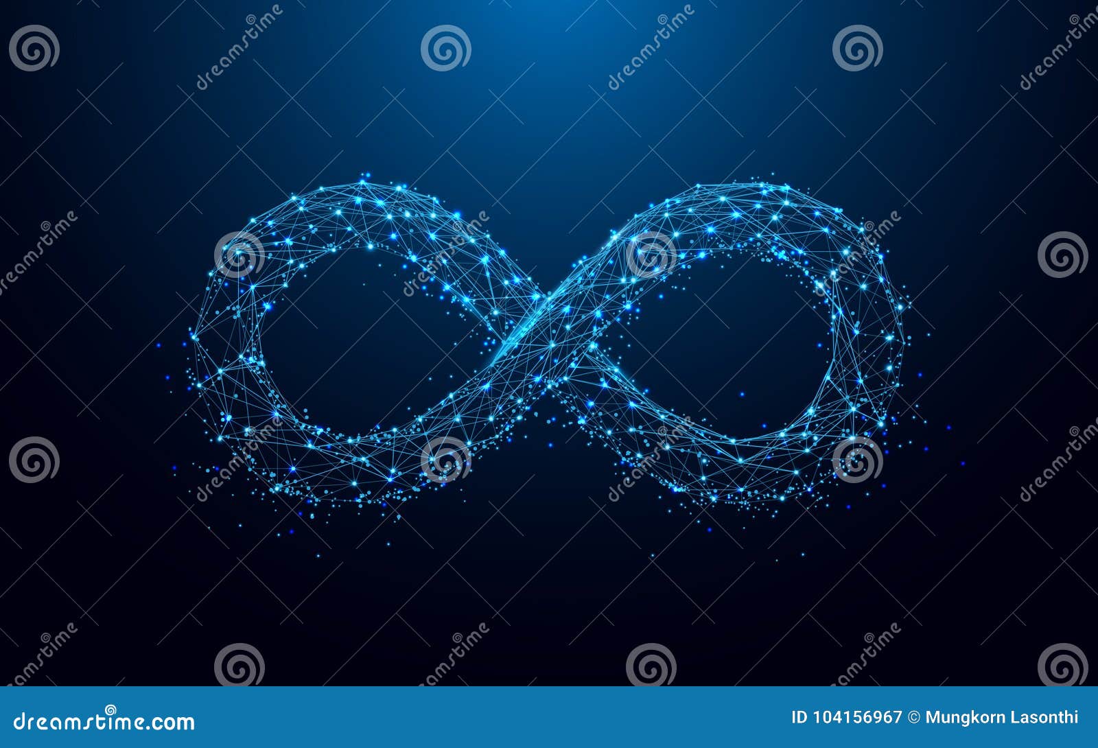 infinity icon from lines and triangles, point connecting network on blue background