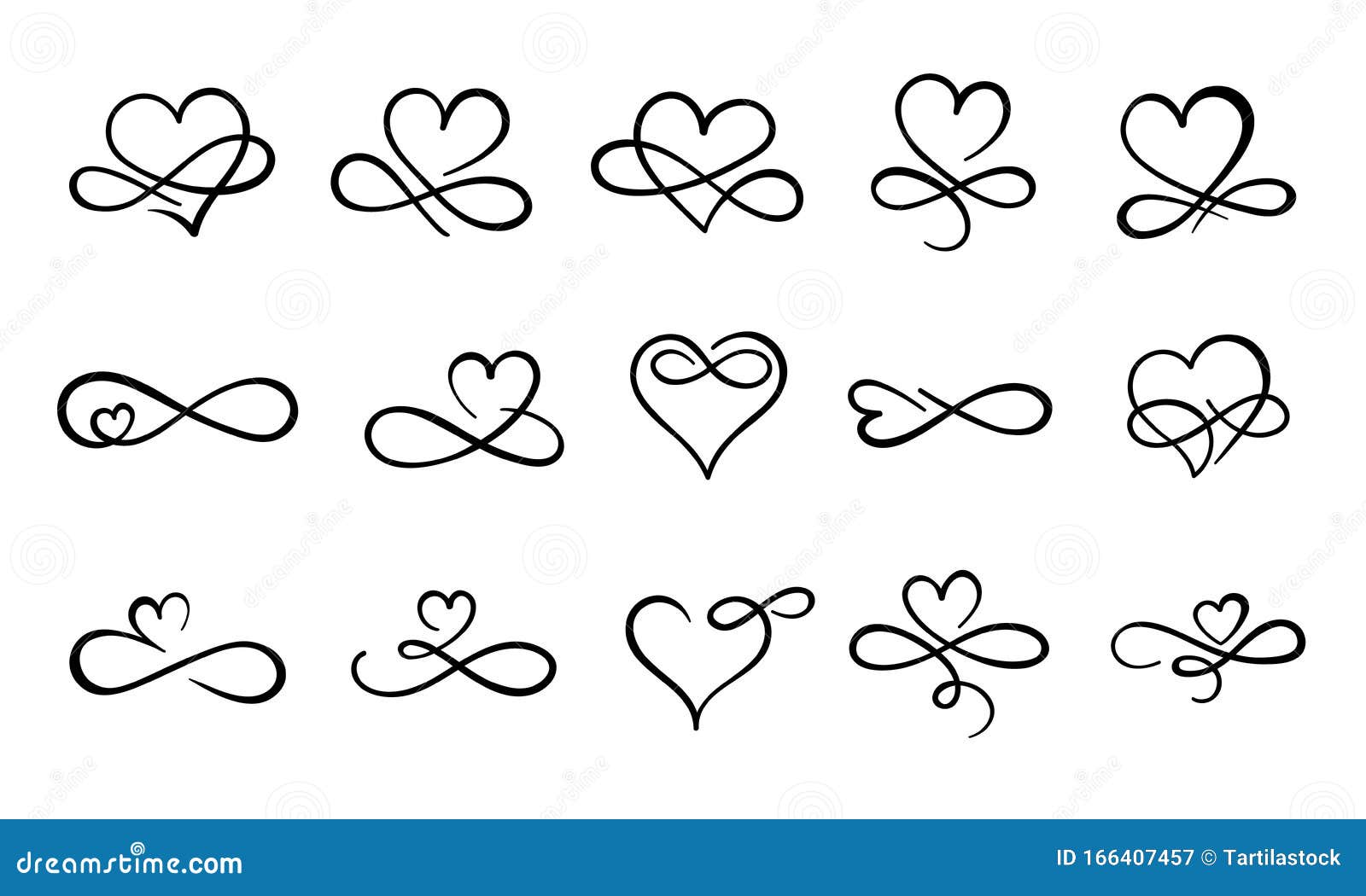 infinity love flourish. hand drawn heart decorative flourishes, love ornate tattoo  and infinity hearts  set