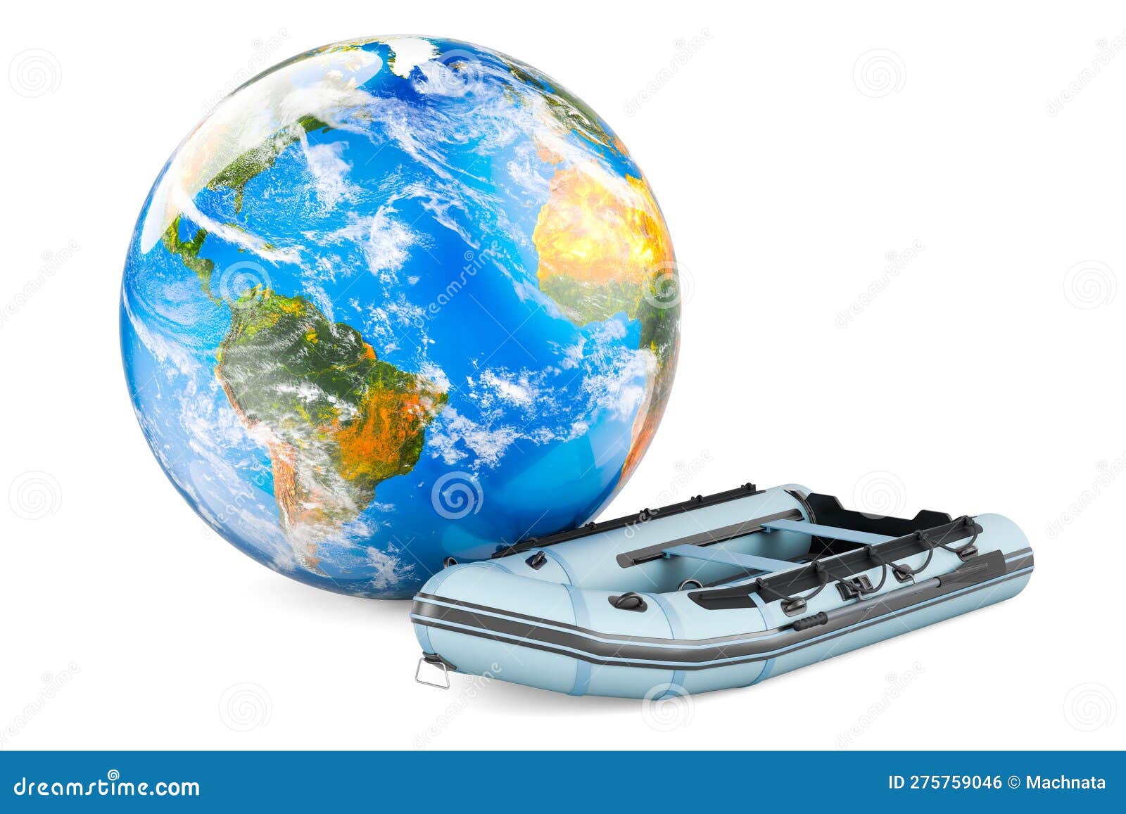 Inflatable Boat with Earth Globe, 3D Rendering Stock Illustration
