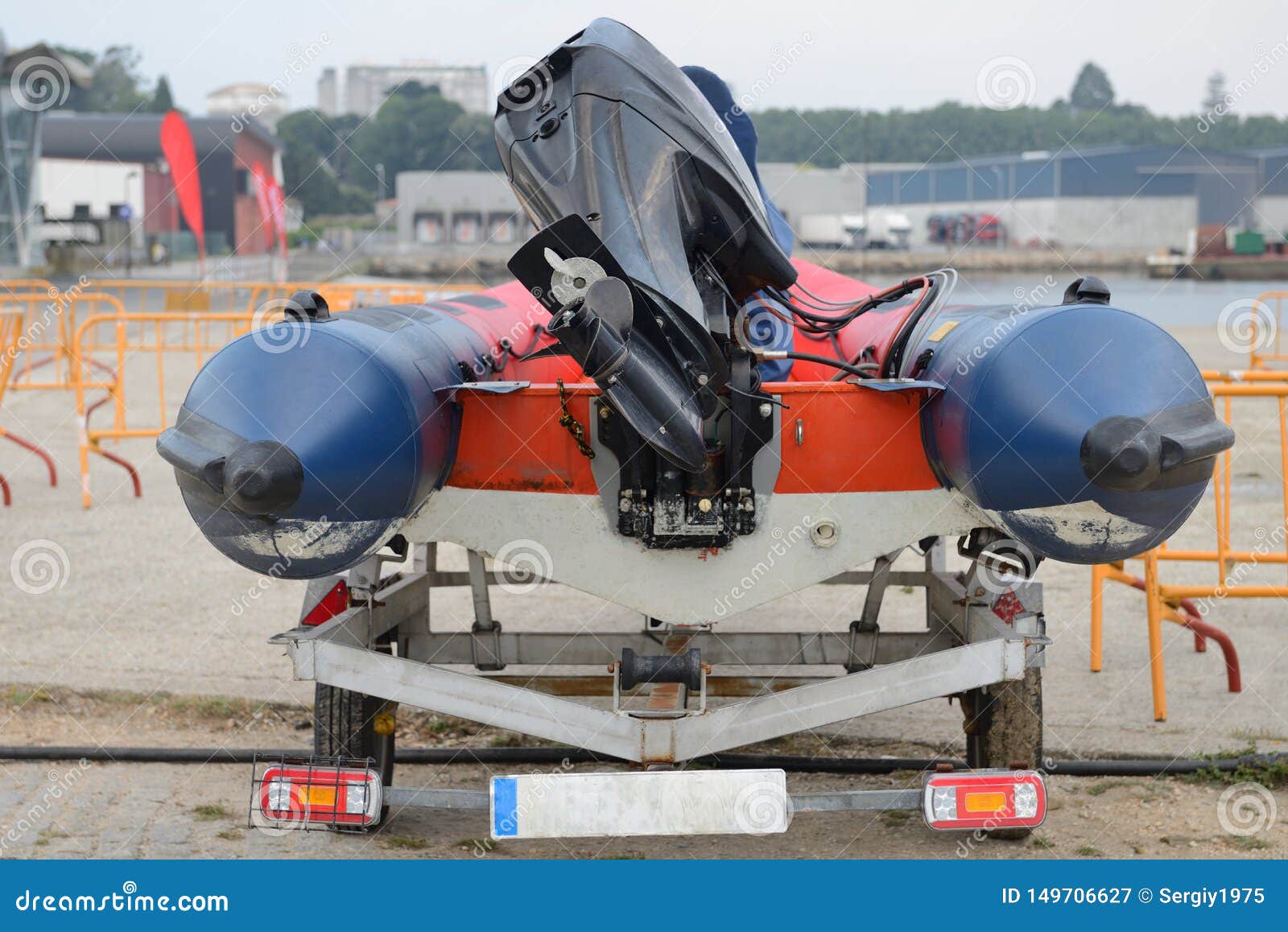 Inflatable Motorboat on Trailer Closeup Rear View Stock Image Image
