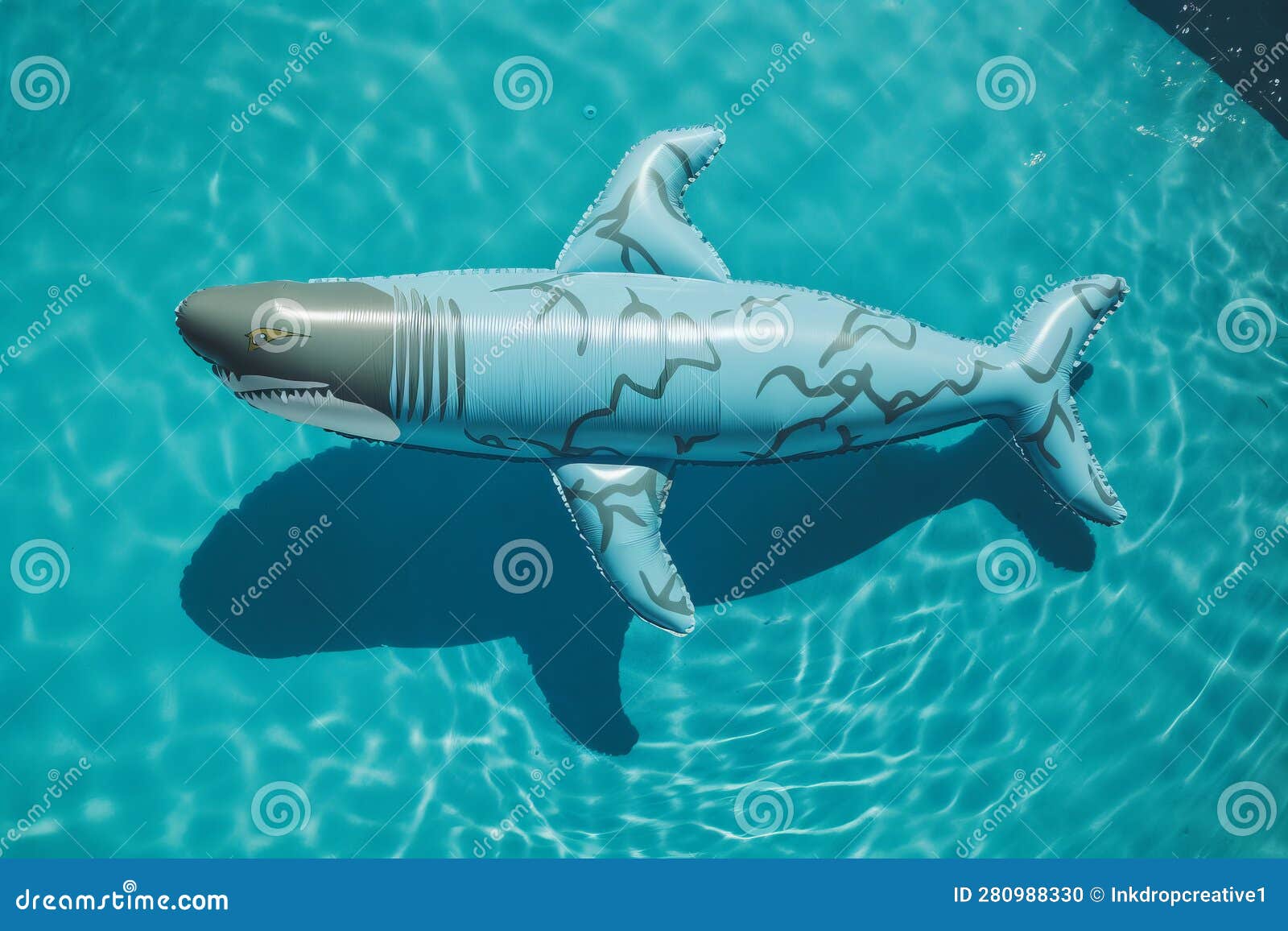 Inflatable Shark Swimming Pool Float. Summer Vacation Stock Photo