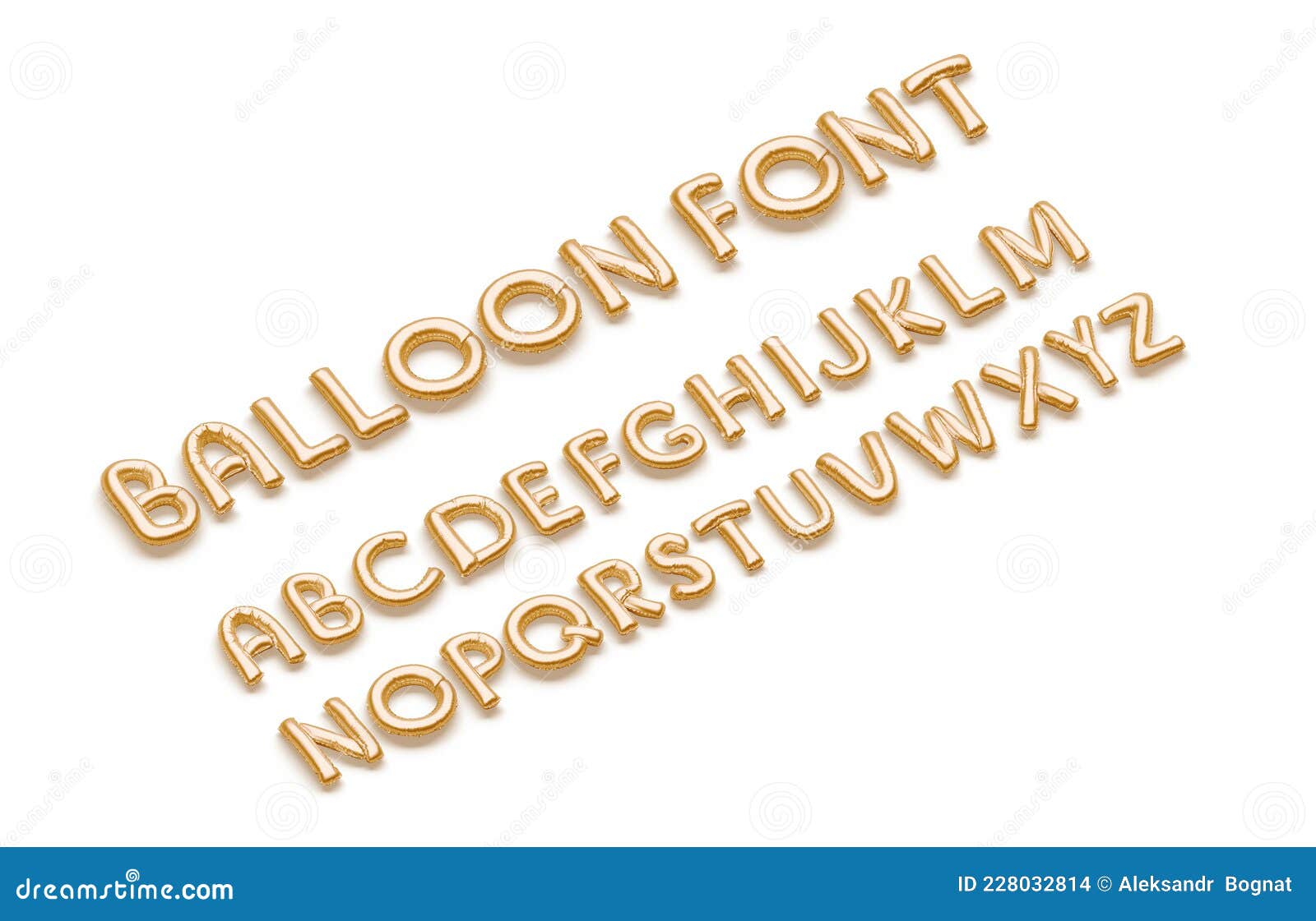 inflated gold balloon font with capital alphabet, side view
