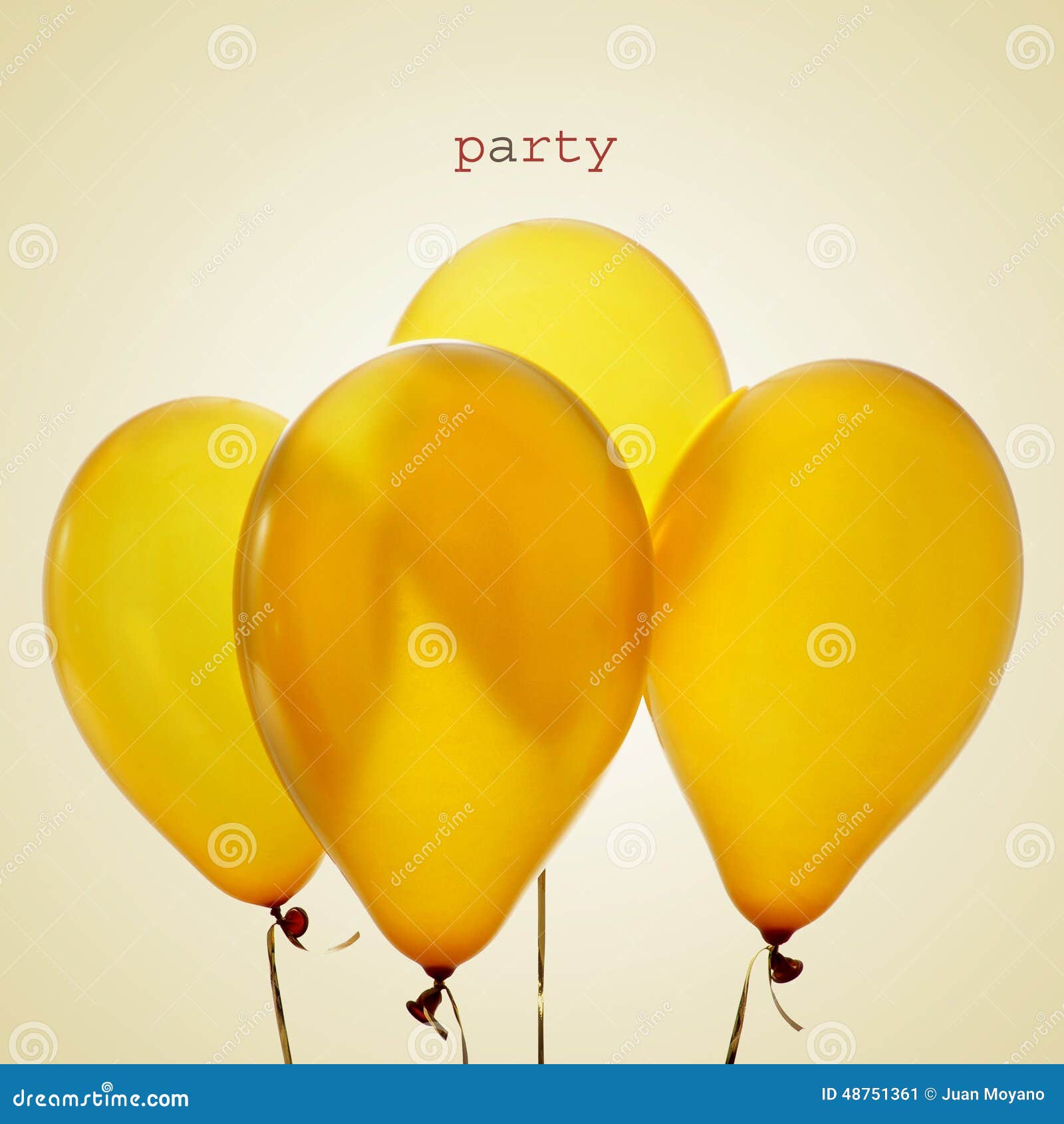 inflated golden balloons and word party, with a retro effect