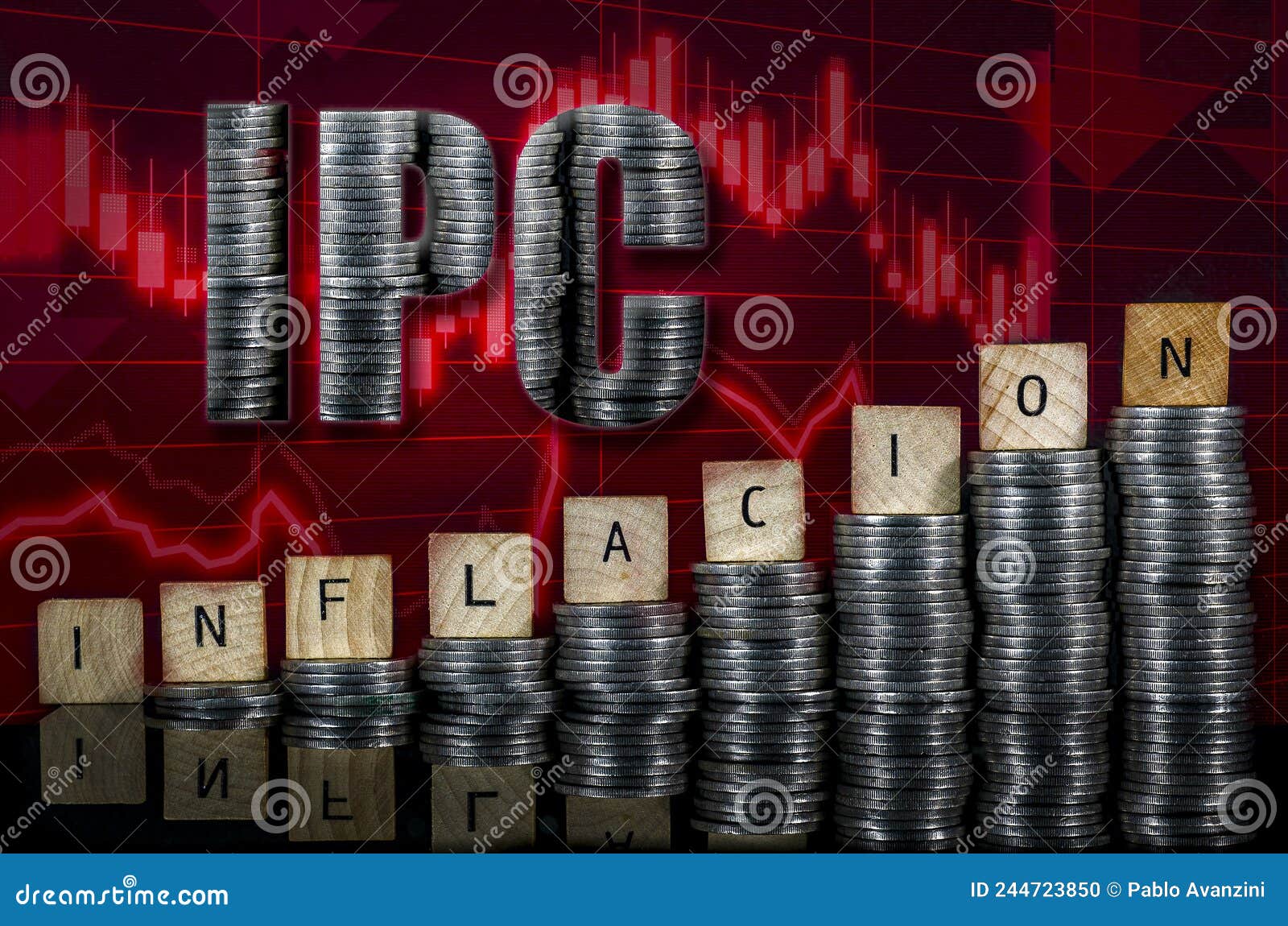 inflation concept coin piles ipc text