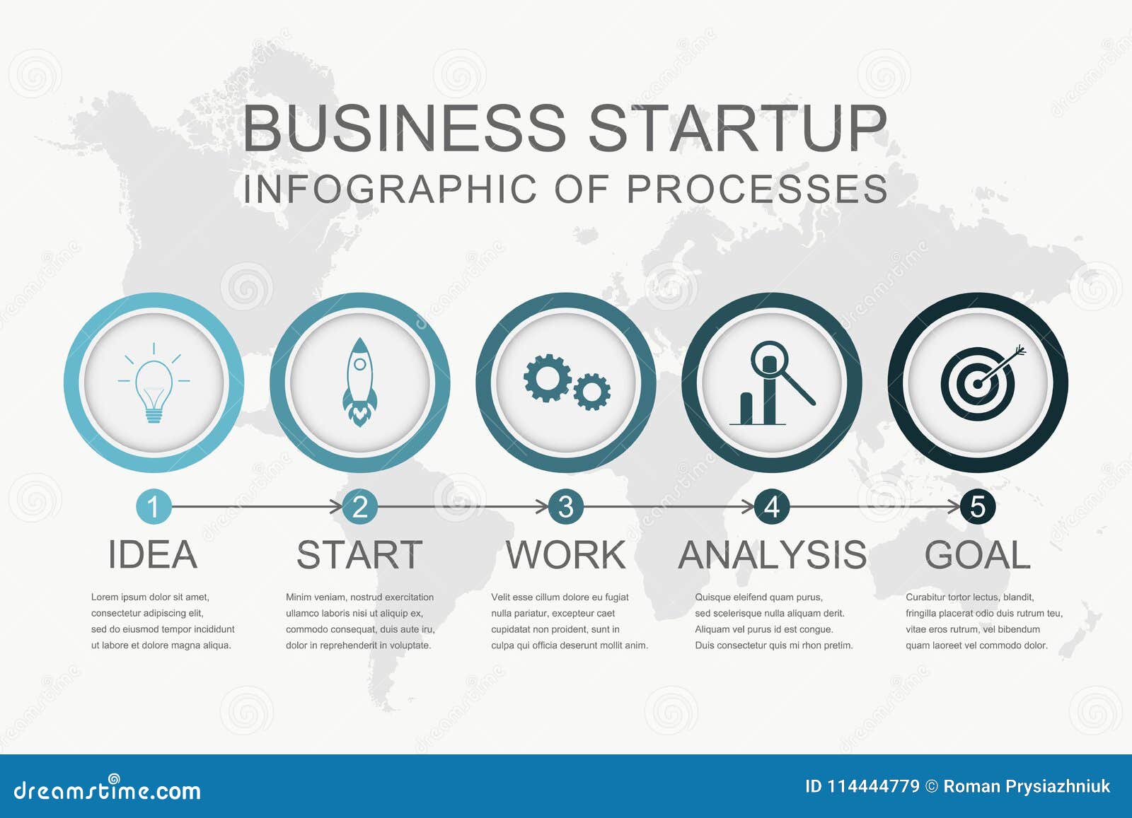 infographic of business startup processes with world map. 5 steps of business process, options with icons. .