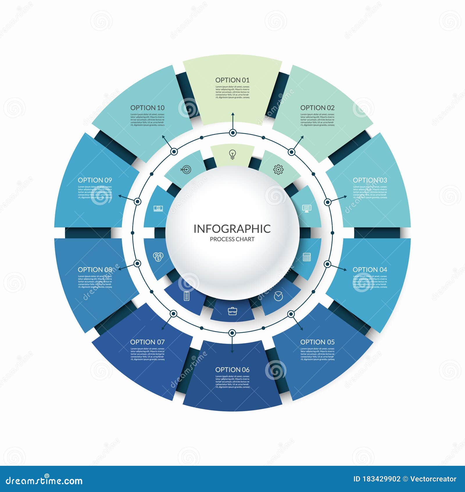 infographic circular chart divided into 10 parts. step-by step cycle diagram with ten options.