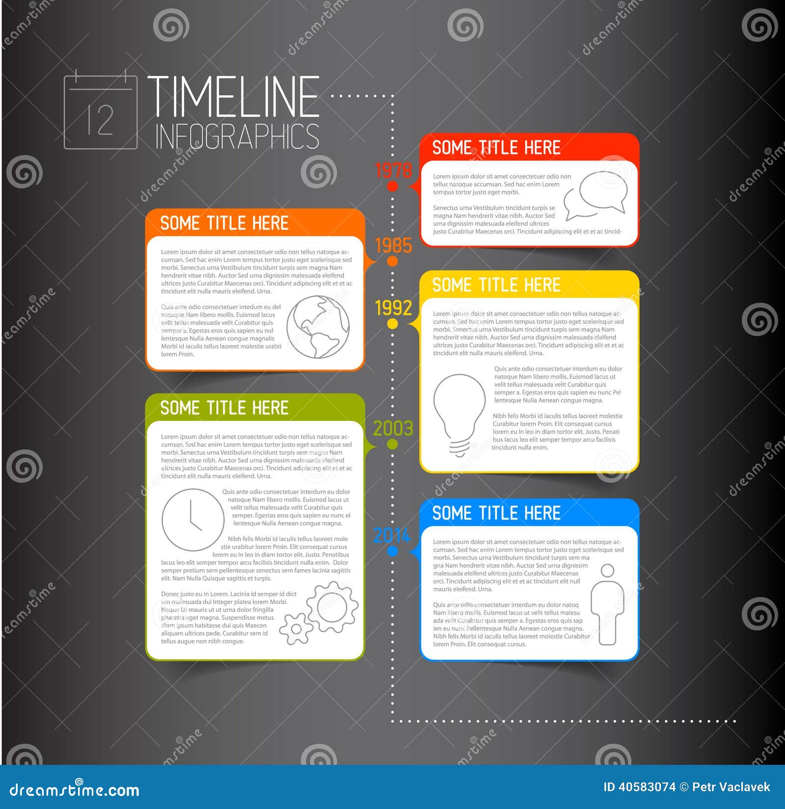 infographic dark timeline report template with descriptive bubbles