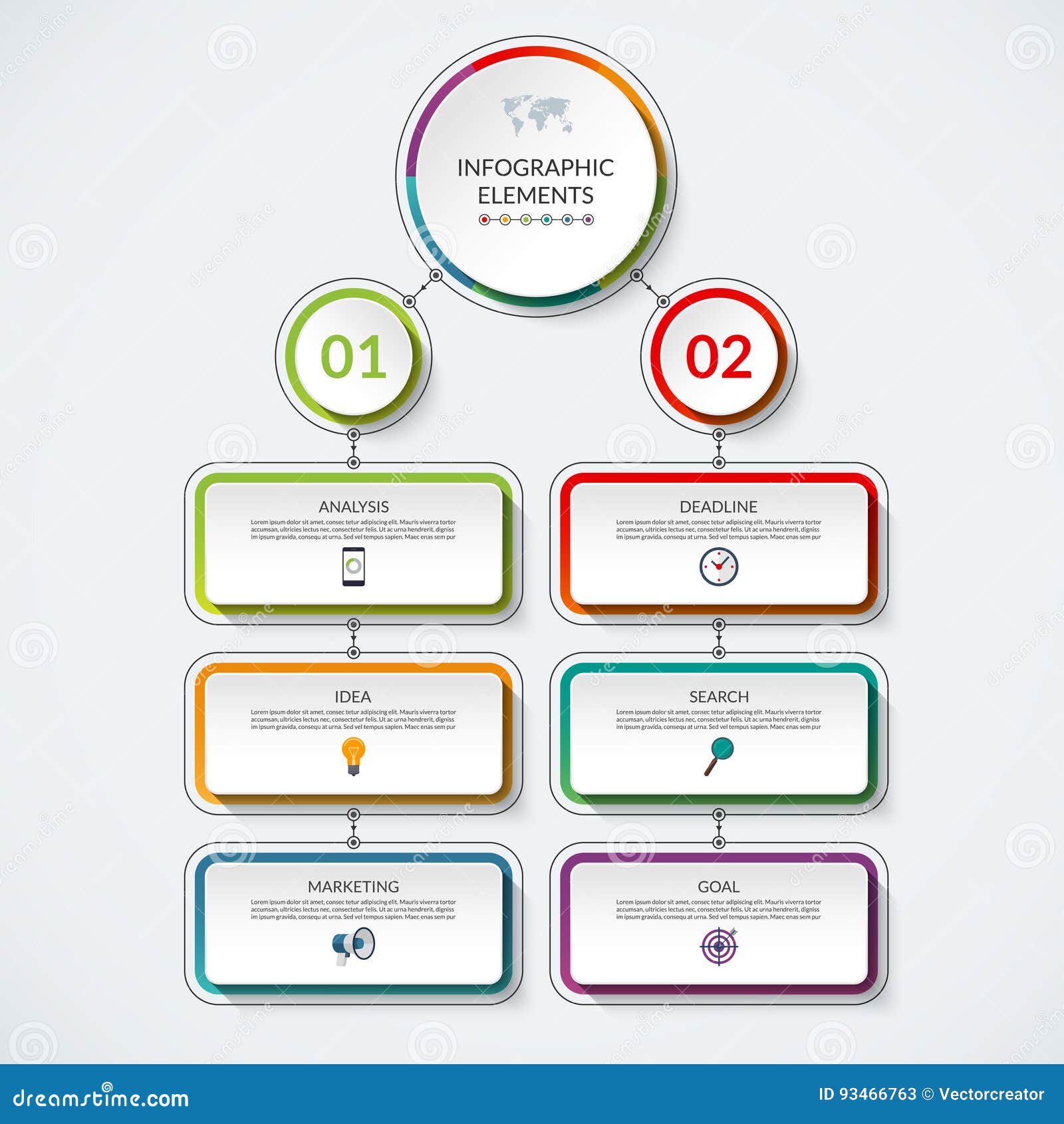 infographic flow chart template with 2 option circles and 6 tabs