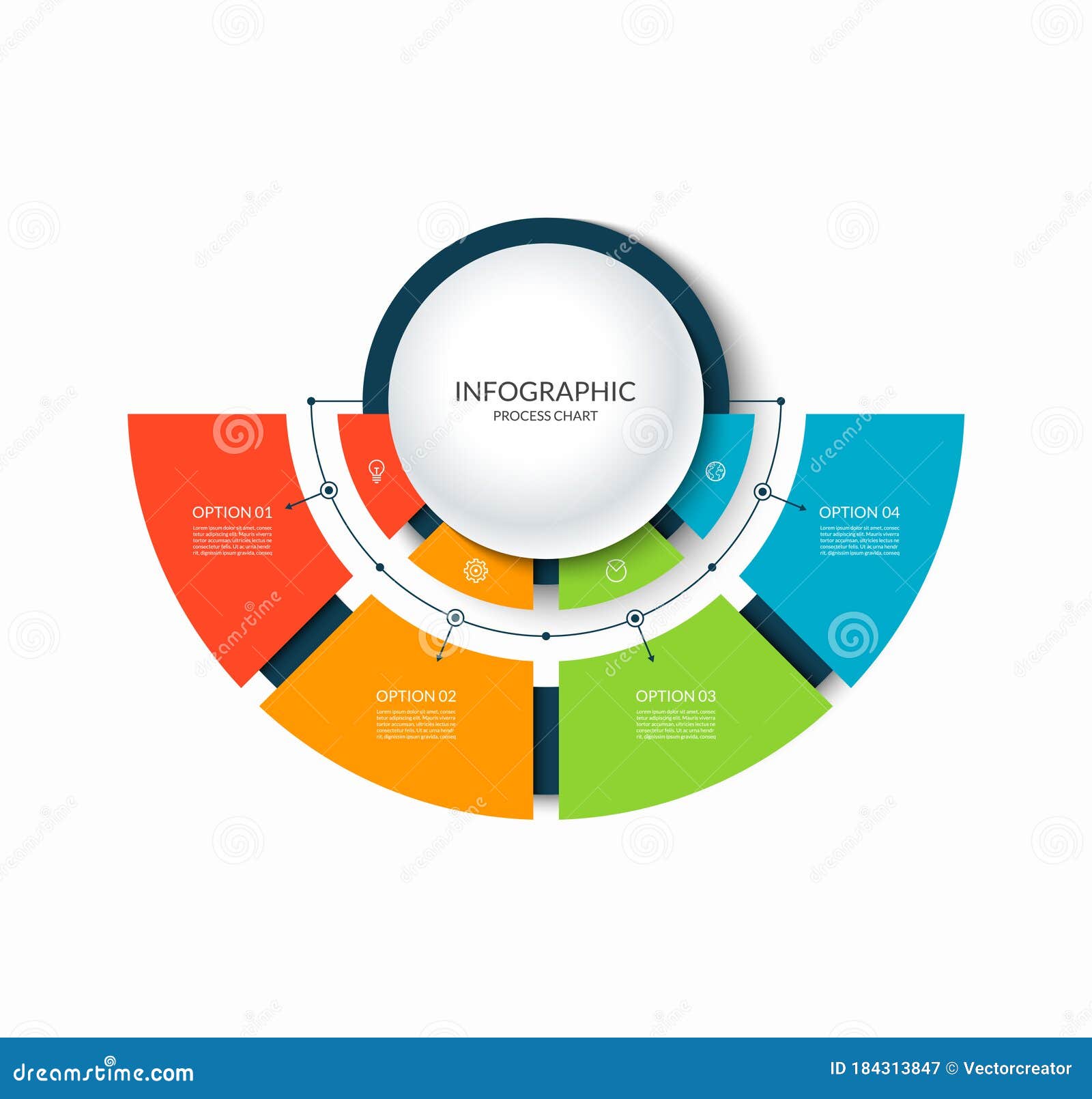 infographic semi circular chart divided into 4 parts. step-by step diagram with four options.