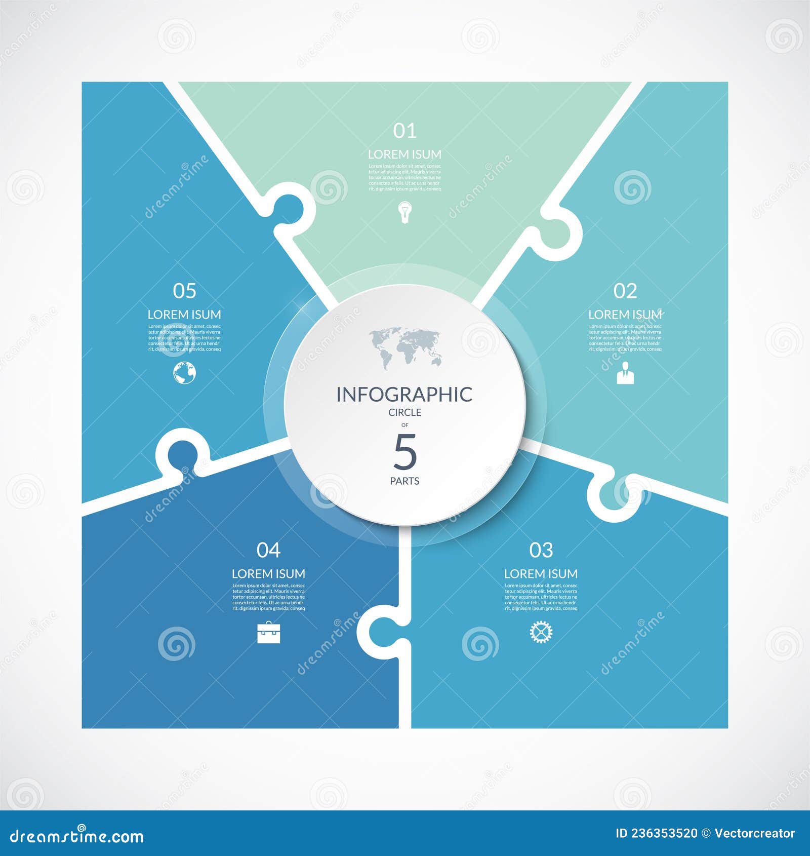 infographic square template in puzzle style.  cycle diagram with 5 parts, options.
