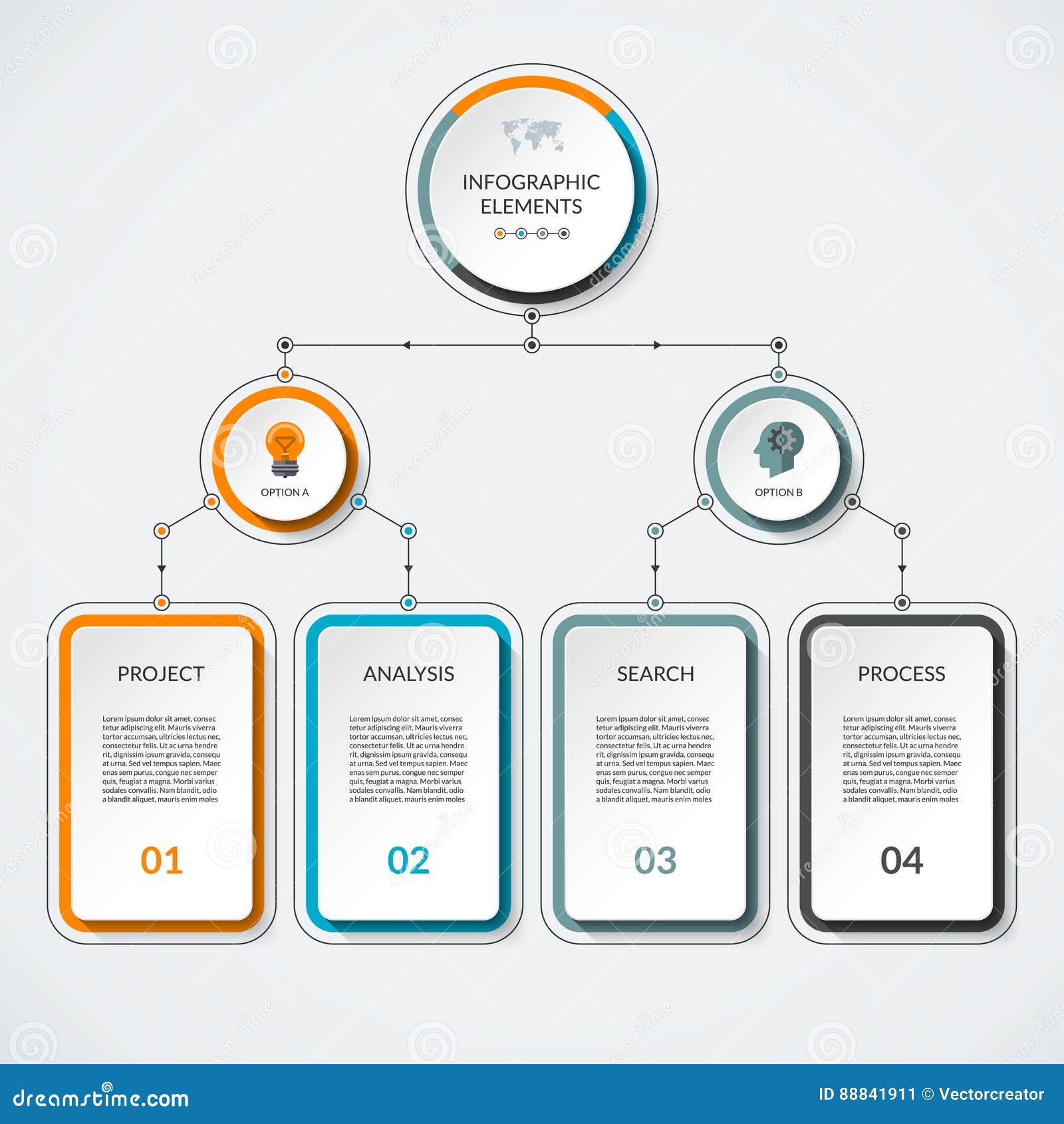 infographic template with 2 option circles and 4 columns.