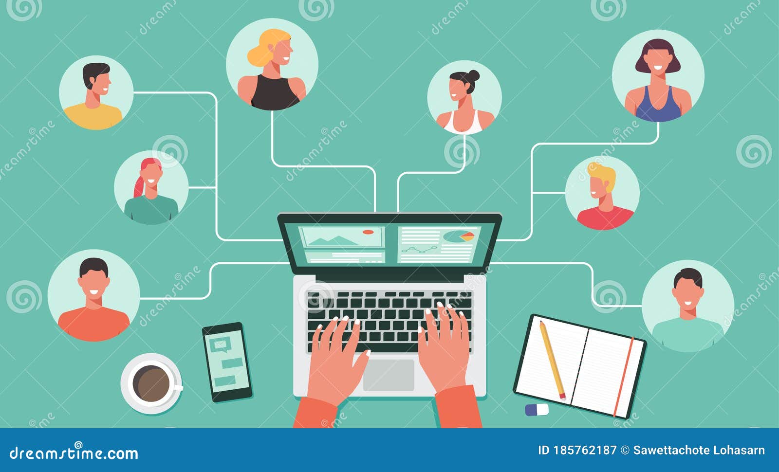 people with different and expert skills connecting working online together on laptop