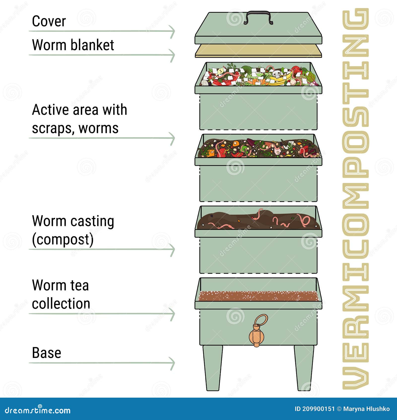 Infographic of Vermicomposting. Components of Vermicomposter