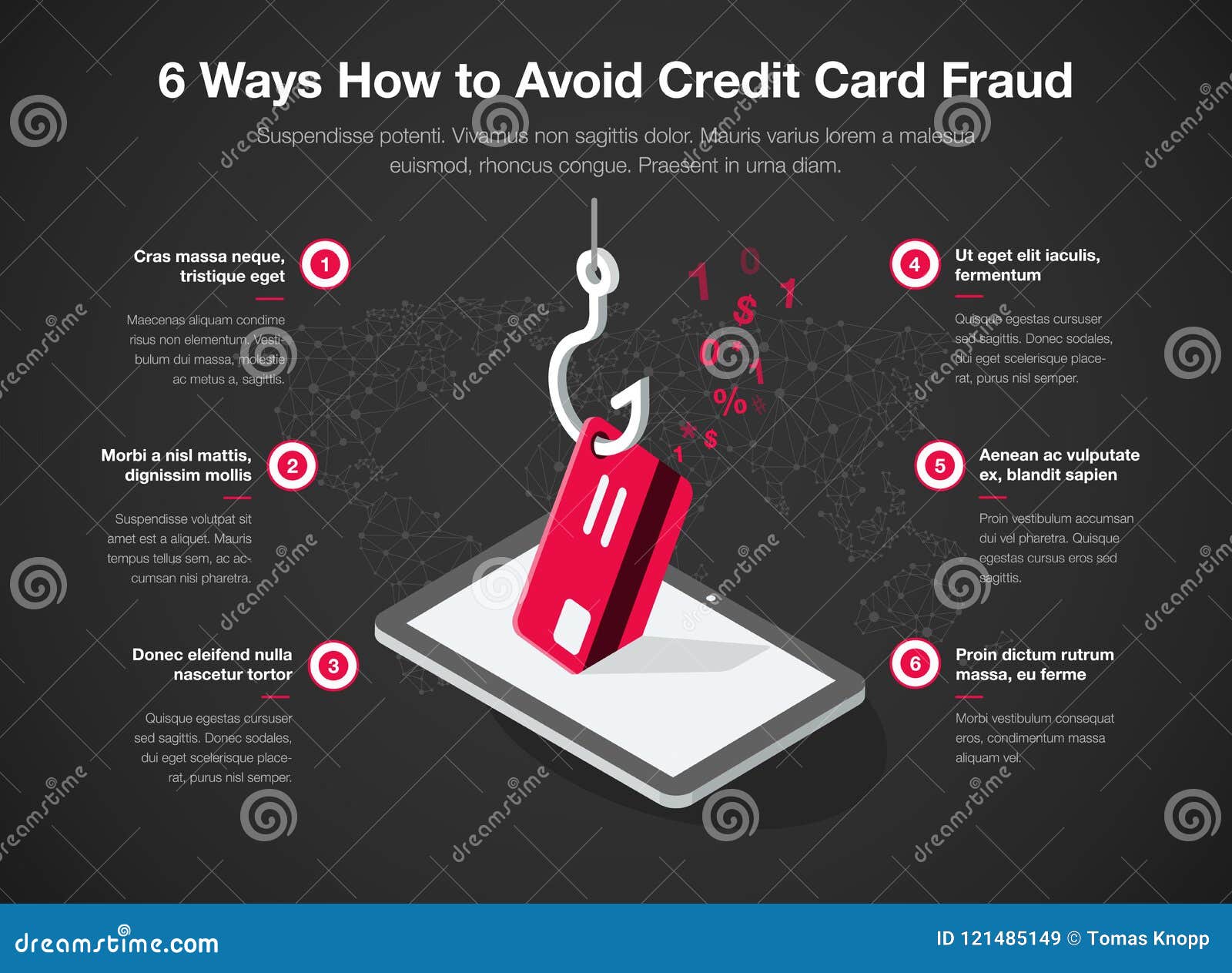 Simple Vector infographic for 6 ways how to avoid credit card fraud template isolated on dark background. Easy to use for your website or presentation.
