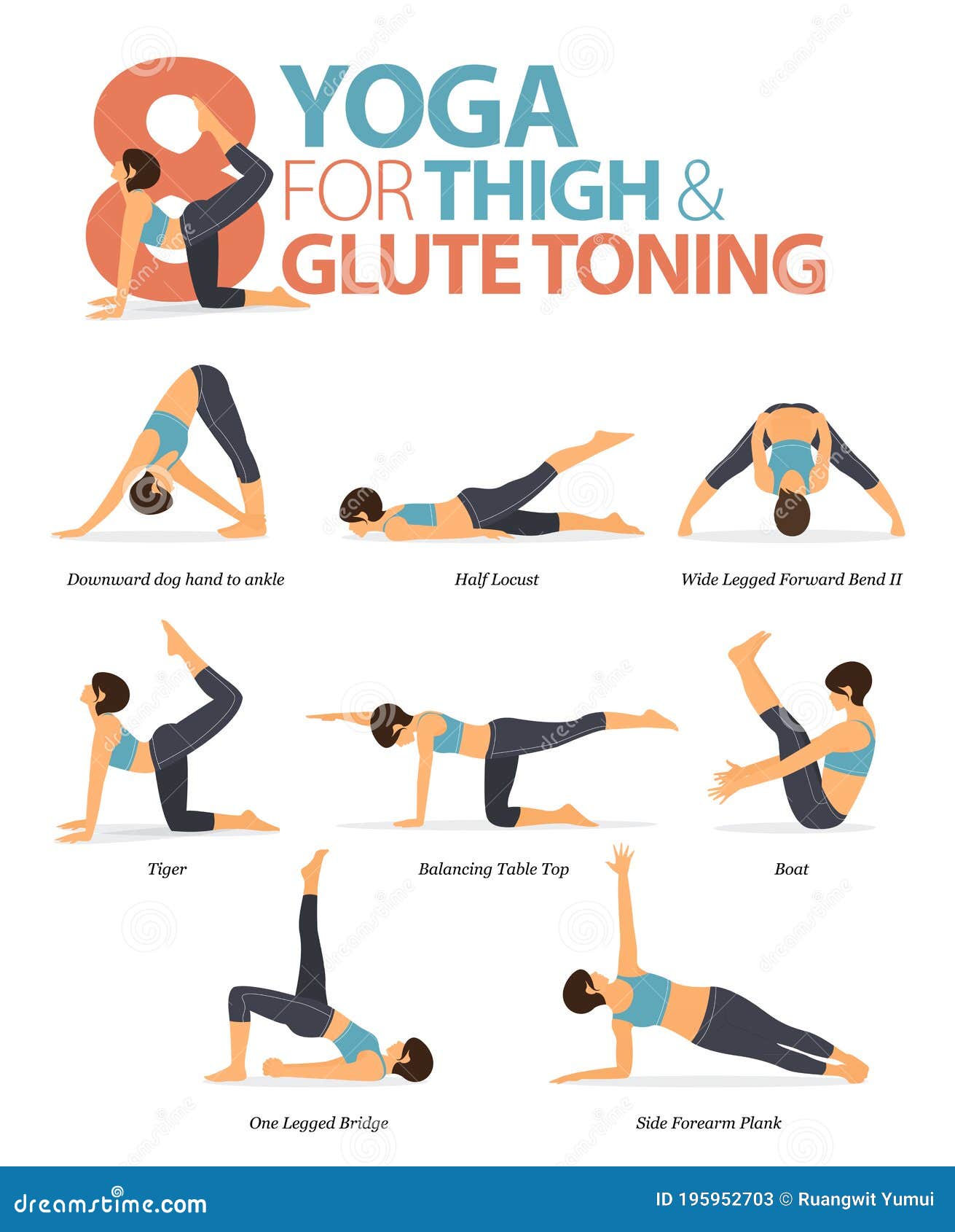 8 Yoga Poses or Asana Posture for Workout in Thigh & Glute Toning Concept.  Women Exercising for Body Stretching. Vector Stock Vector - Illustration of  cartoon, exercise: 195952703