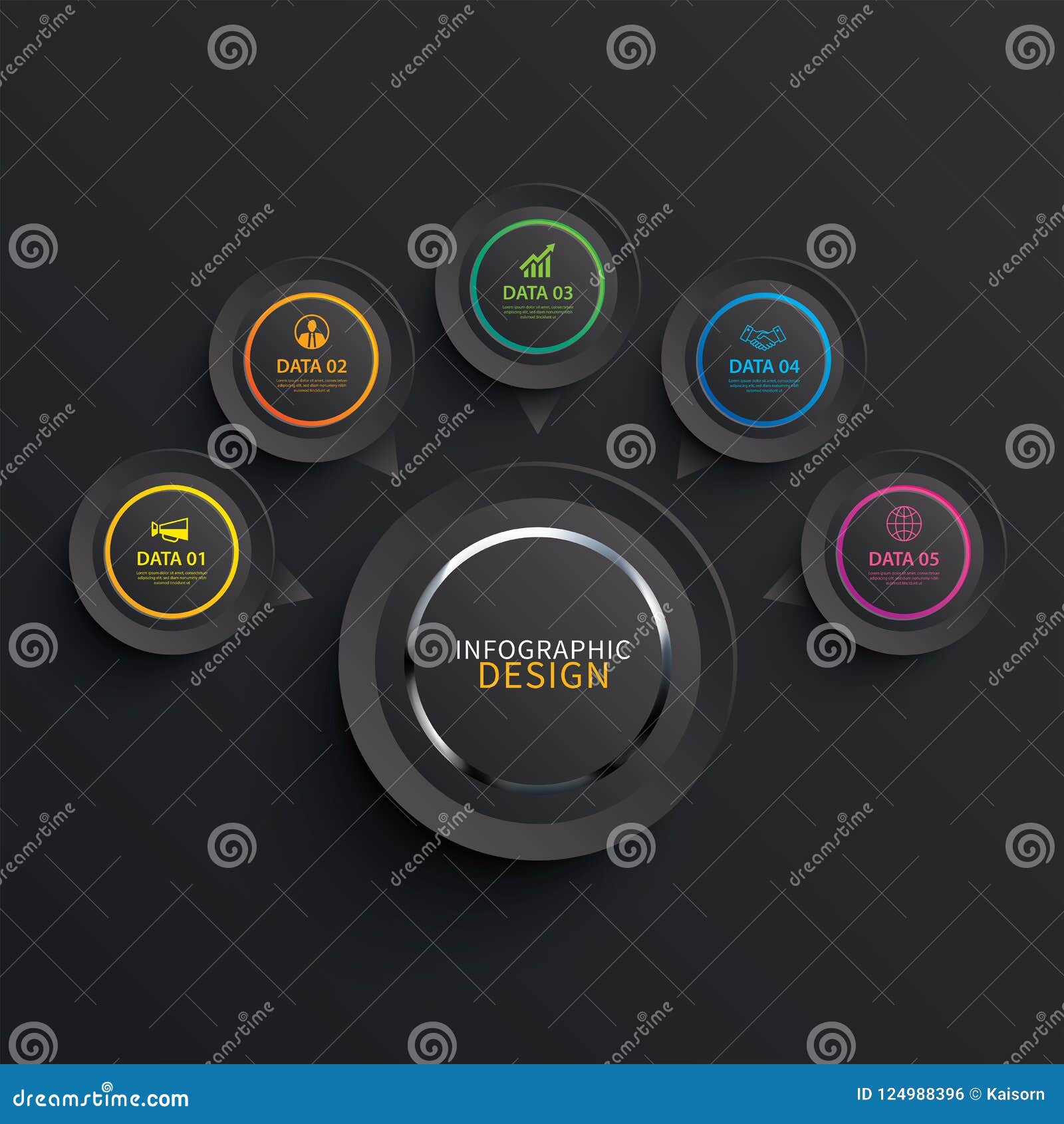 infographics circle paper with 5 data template in dark background.   abstract glossy. can be used for workflow