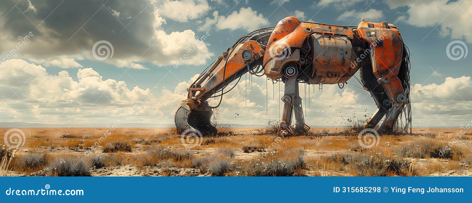 ingenious animal-inspired creation: a horse-like orange machine digging in field.
