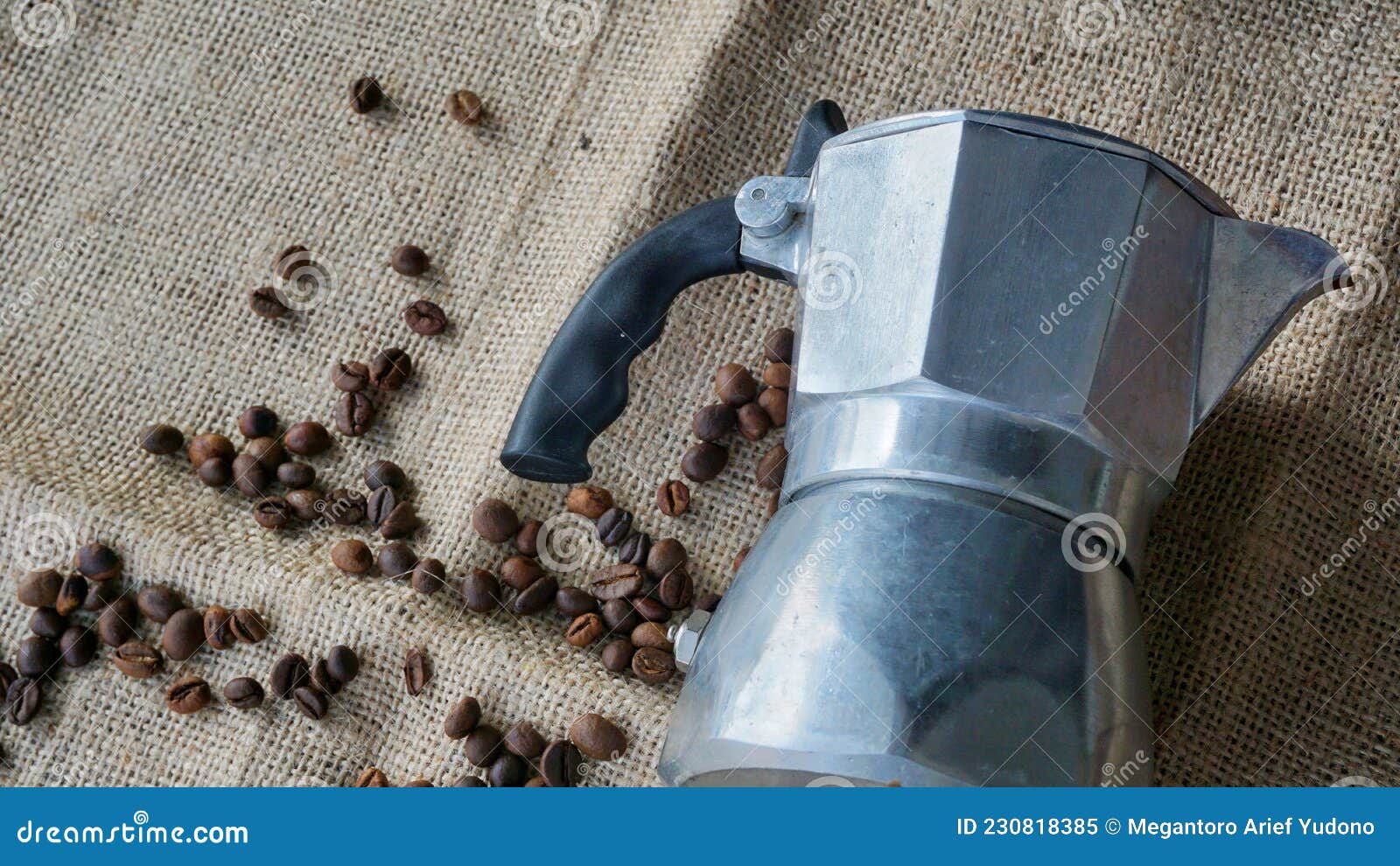Ingredient for Making Moka Coffee. Moka Pot with Coffee Beans on Hemp