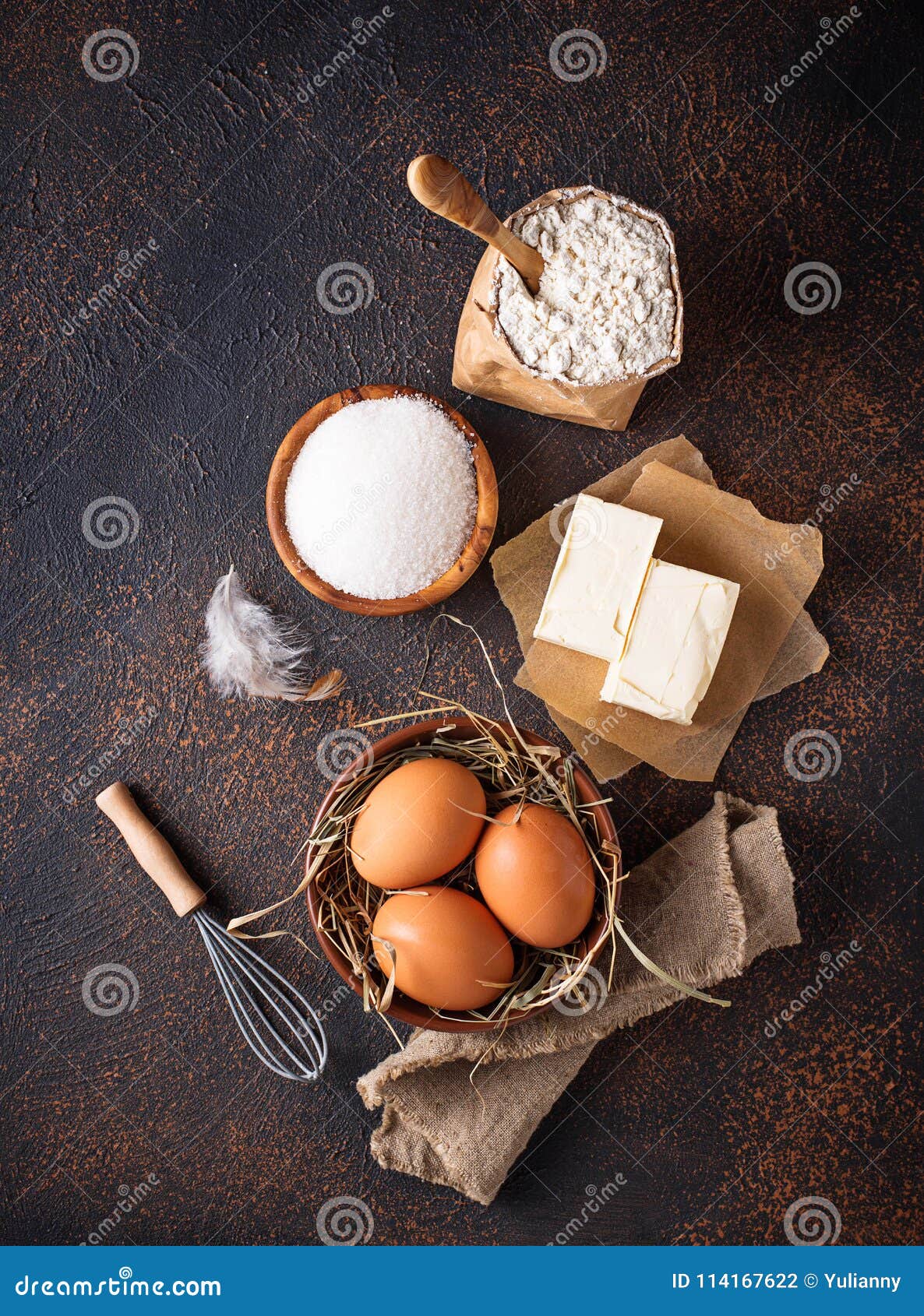 Ingredients for Baking. Butter, Eggs, Sugar and Flour Stock Photo