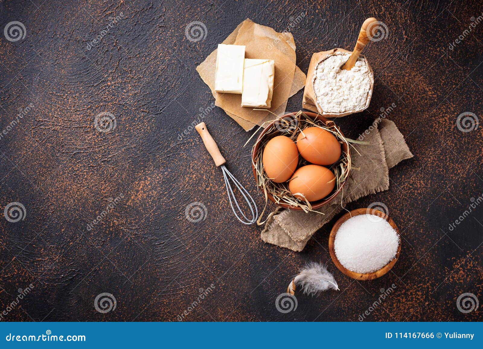 Ingredients for Baking. Butter, Eggs, Sugar and Flour Stock Photo