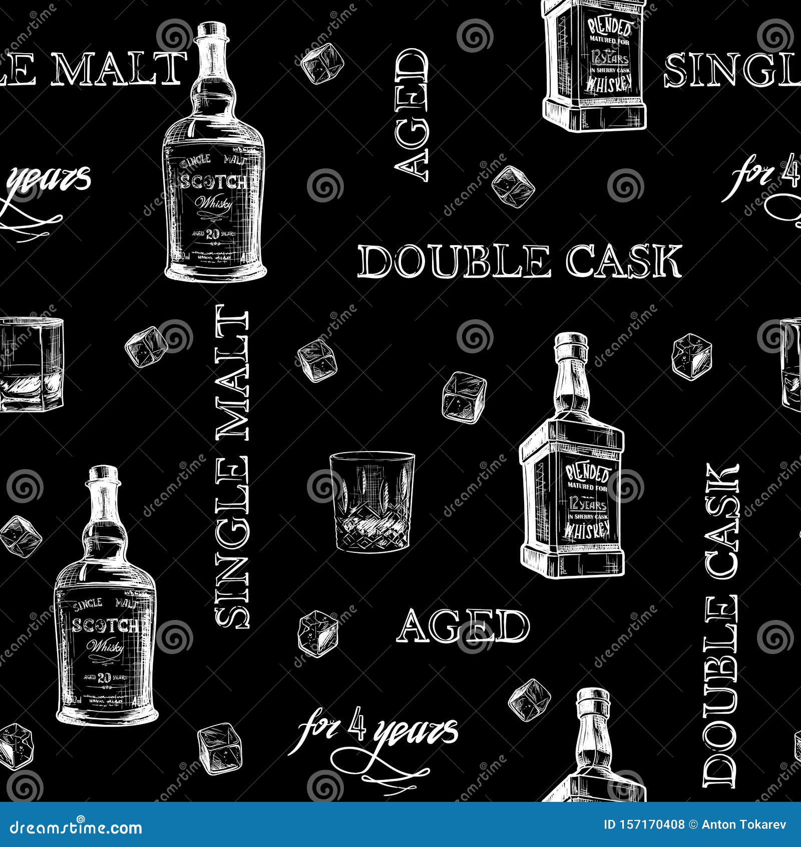 Ingredients for the Best Whiskey Taste. Bottles, Classes and Ice Cubes