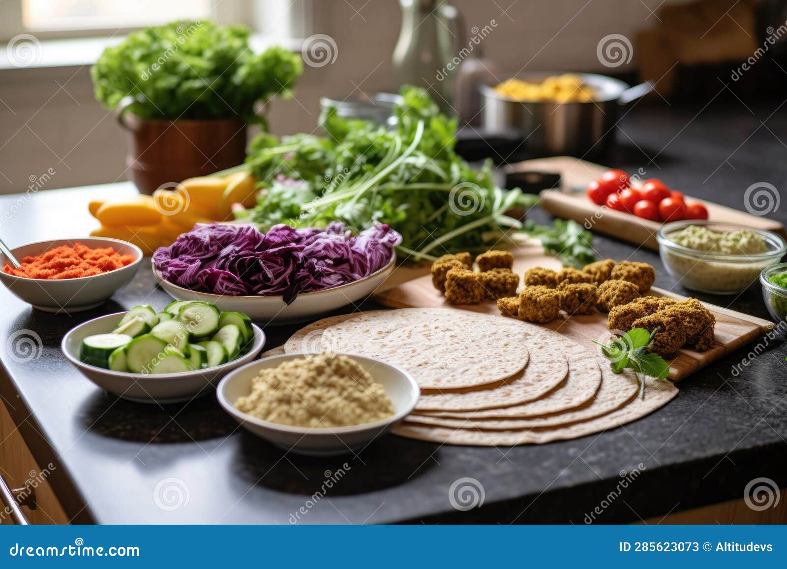 Ingredients for Falafel Wraps Arranged on a Kitchen Counter Stock