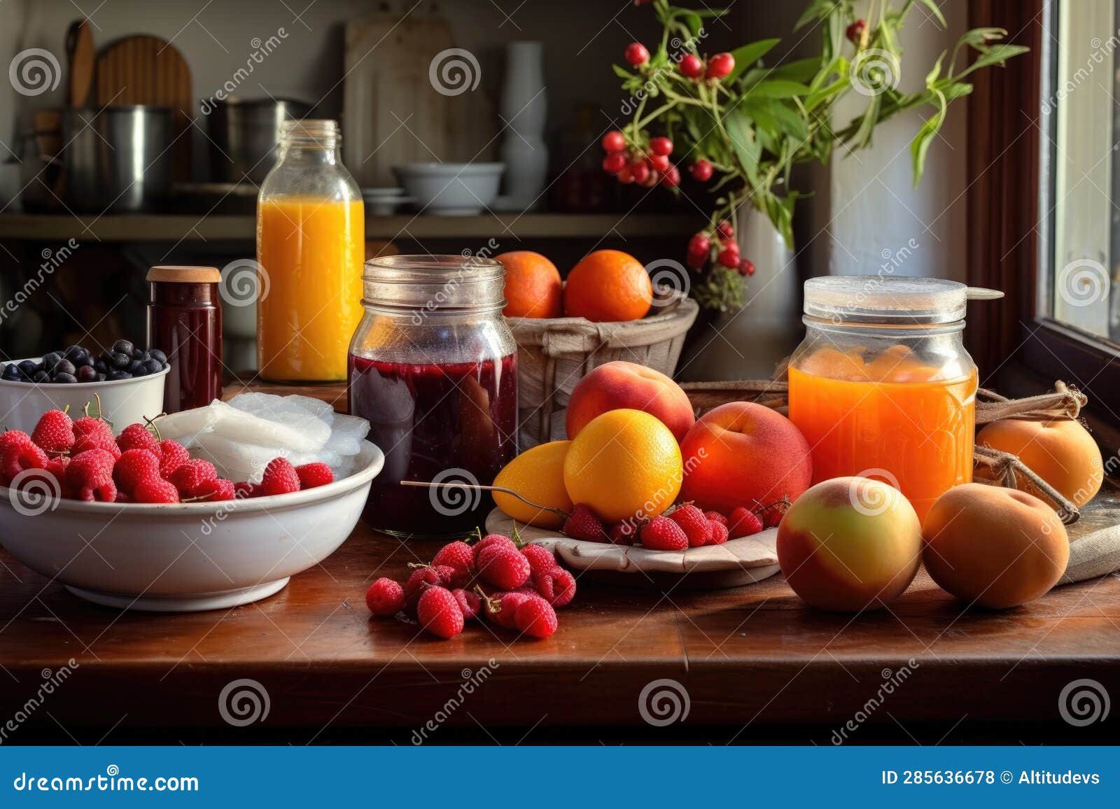 Ingredients for Jammaking Sugar, Pectin, and Fresh Fruit on a Kitchen