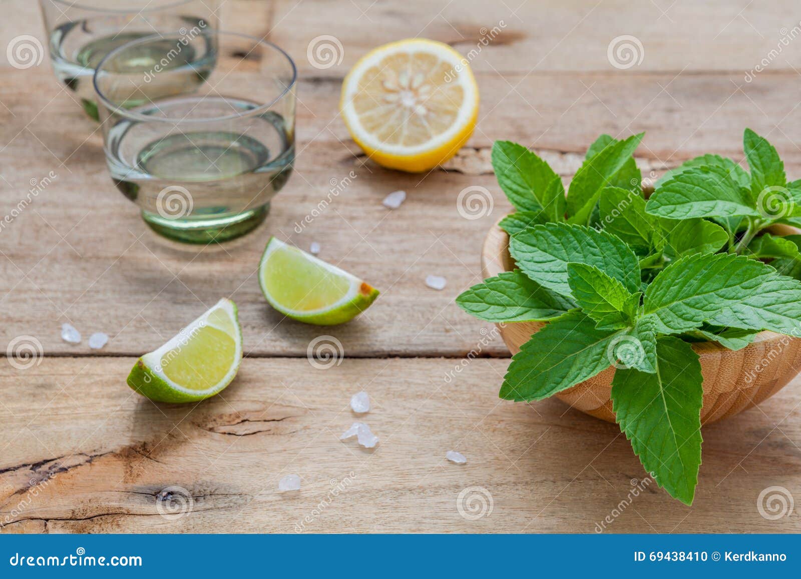Ingredients for Making Mojitos Mint Leaves, Lime,lemon and Vodka Stock