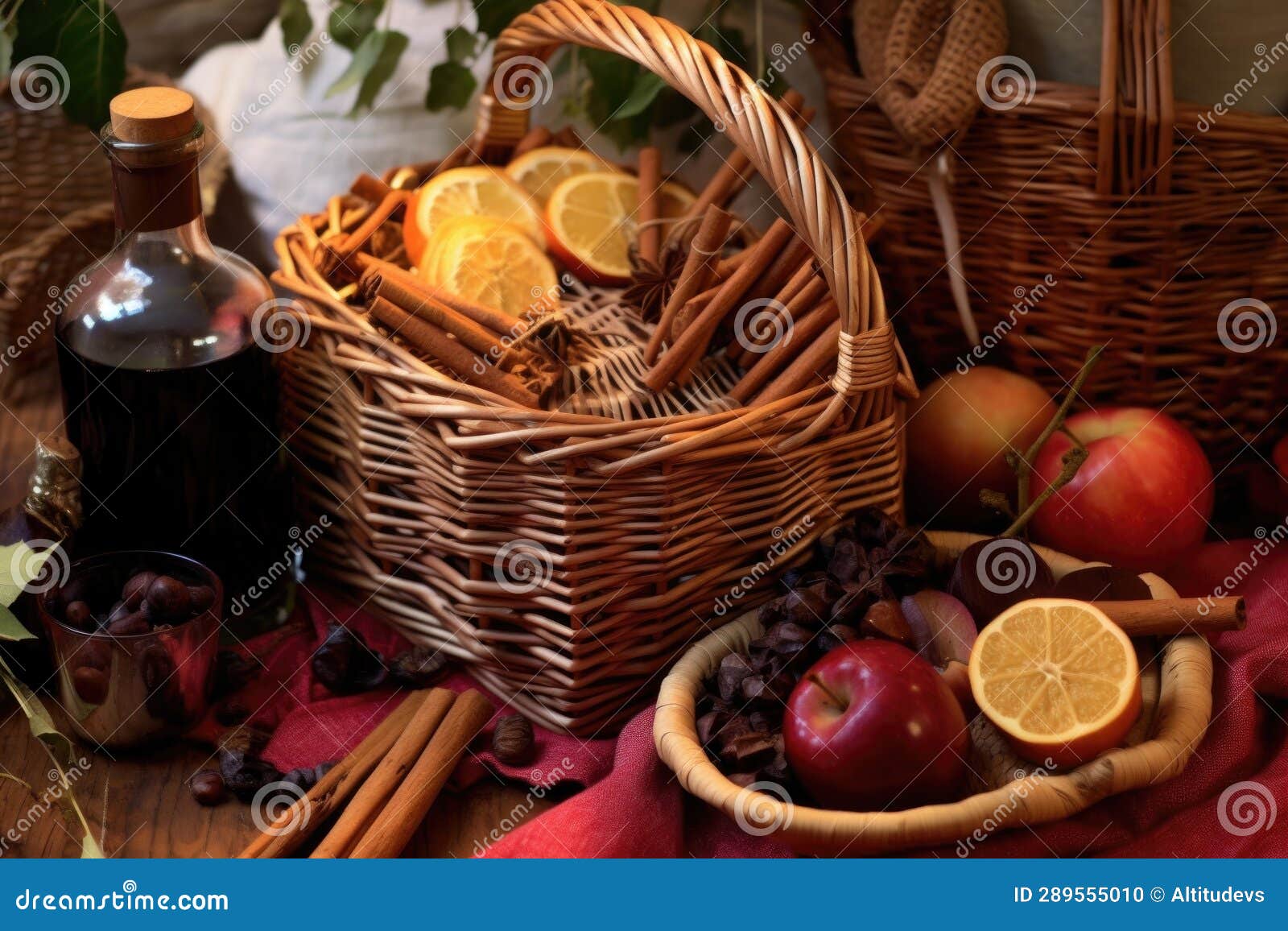 Ingredients for Mulled Wine in a Wicker Picnic Basket Stock Photo