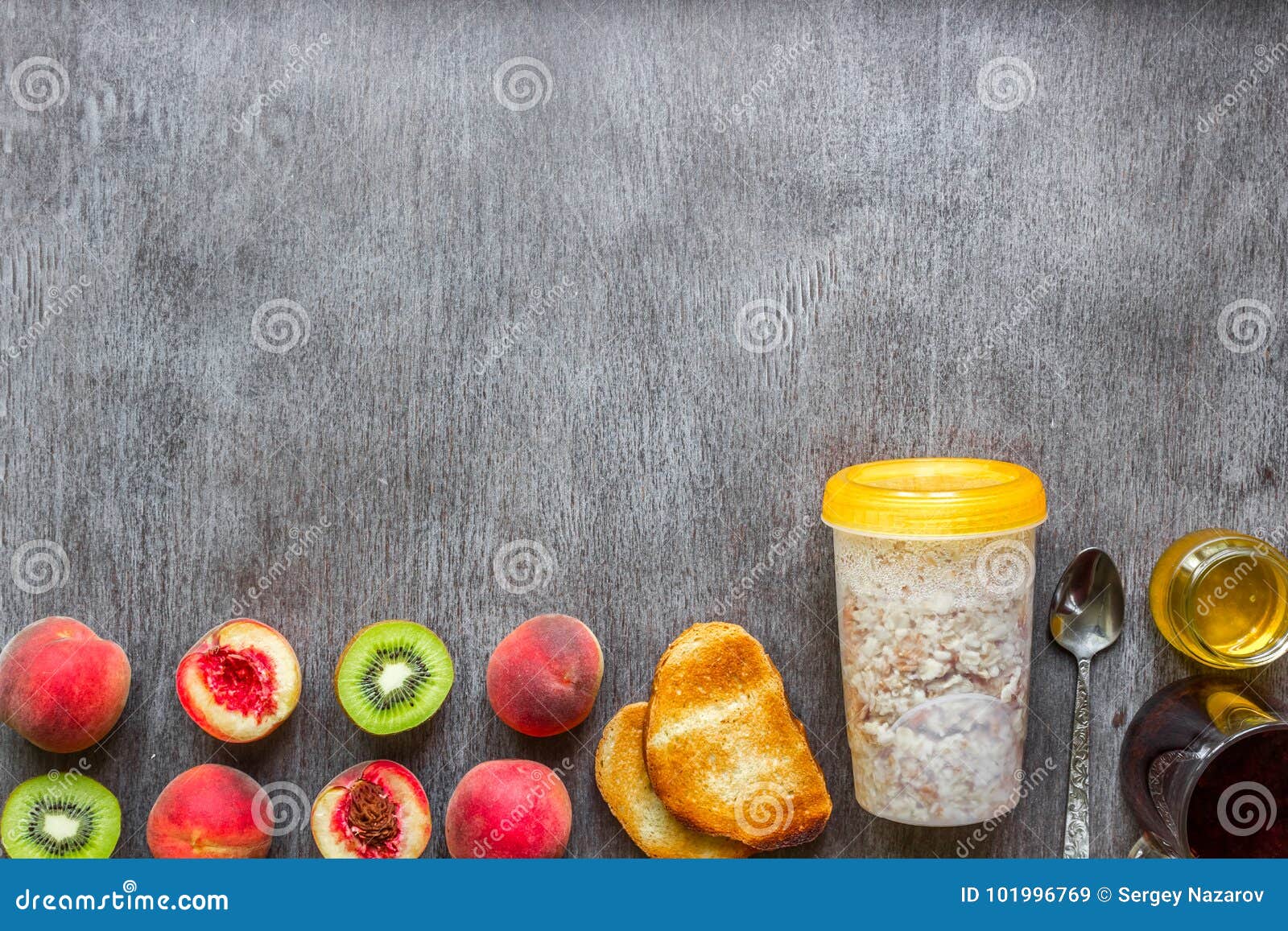 Ingredients for Oatmeal on Dark Wooden Table. Concept of Healthy Food ...