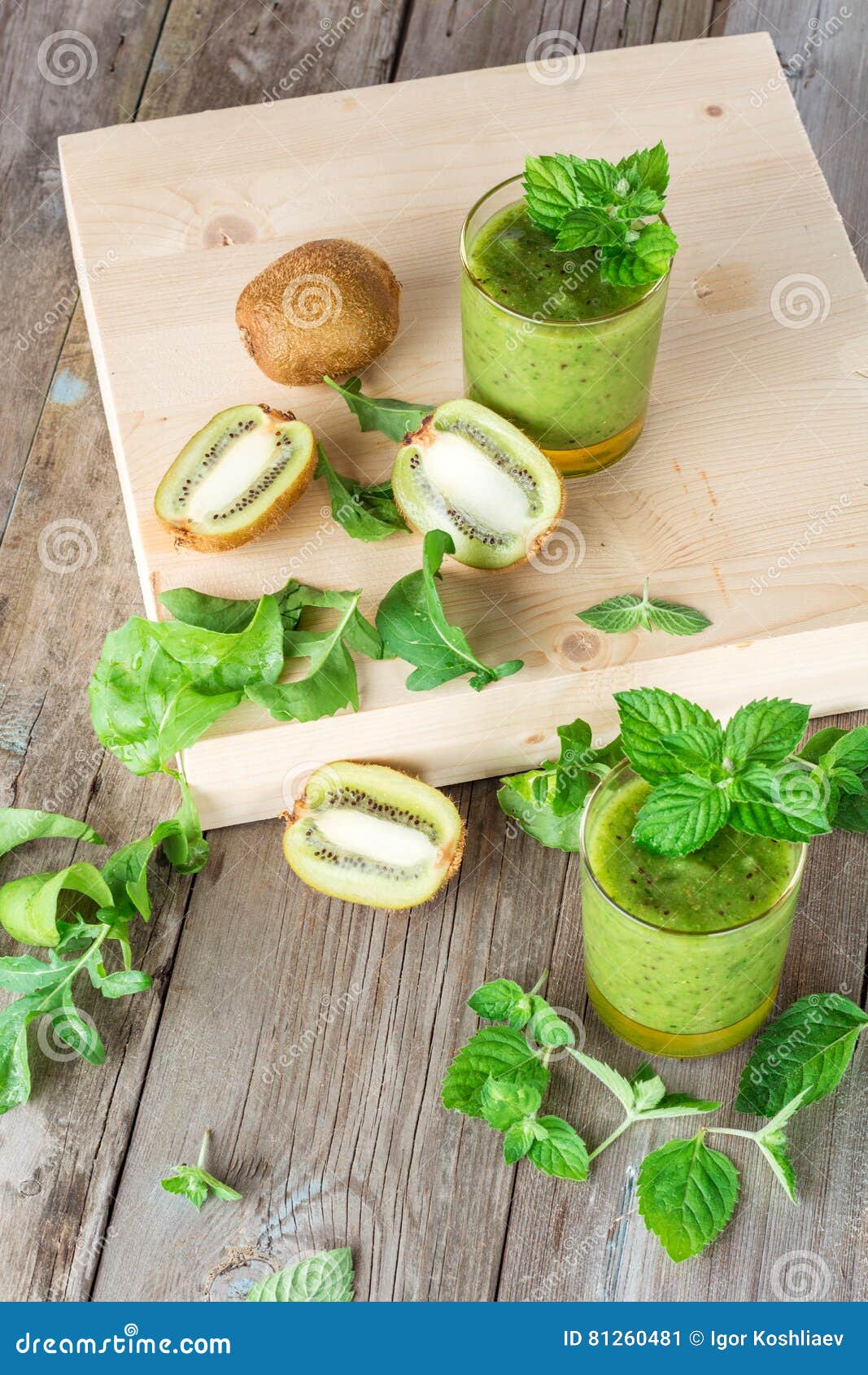 Ingredients for Preparation of Kiwi, Arugula, Mint and Two Glasses