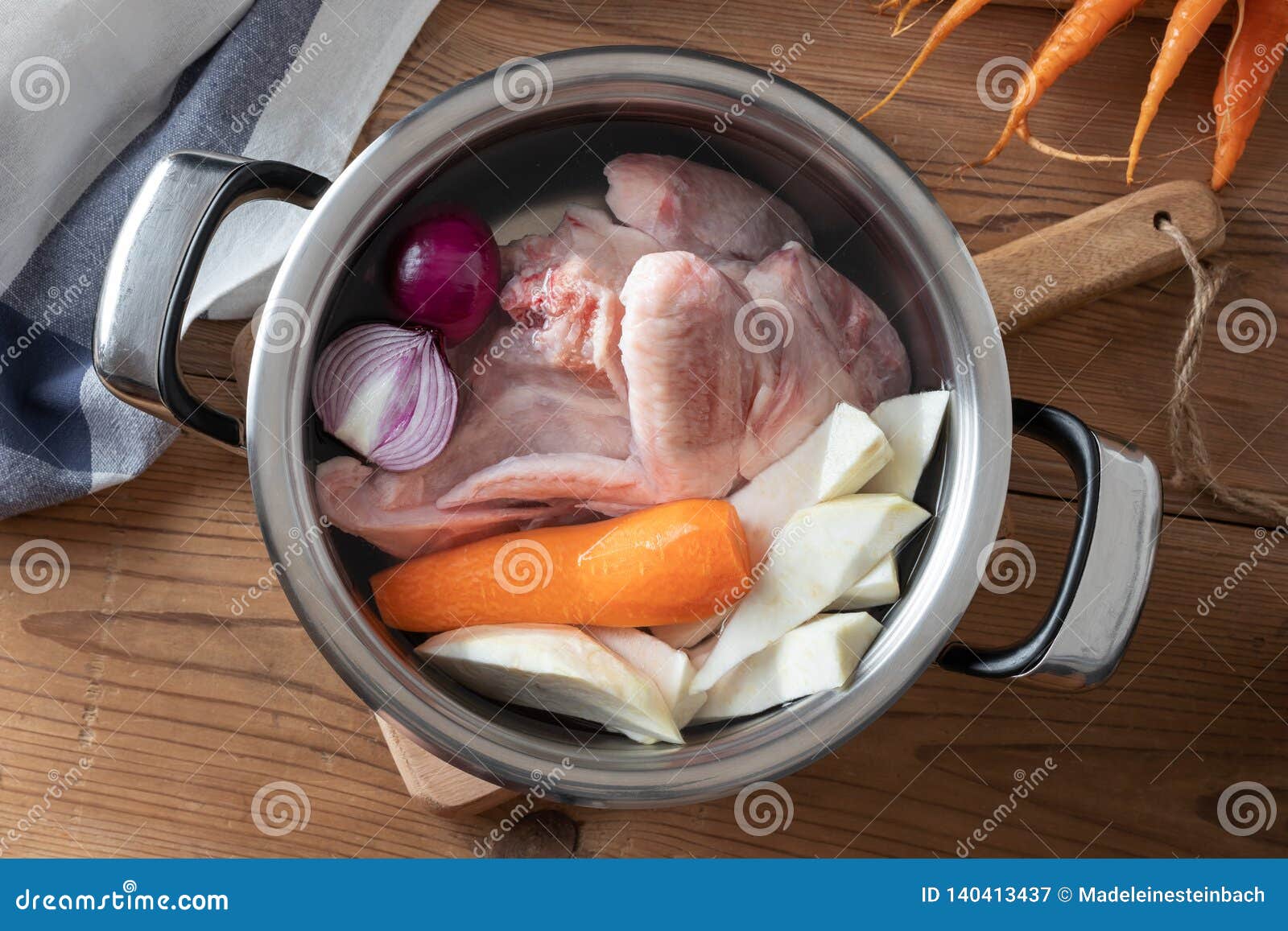 Ingredients for Preparing Chicken Bone Broth in a Pot Stock Image