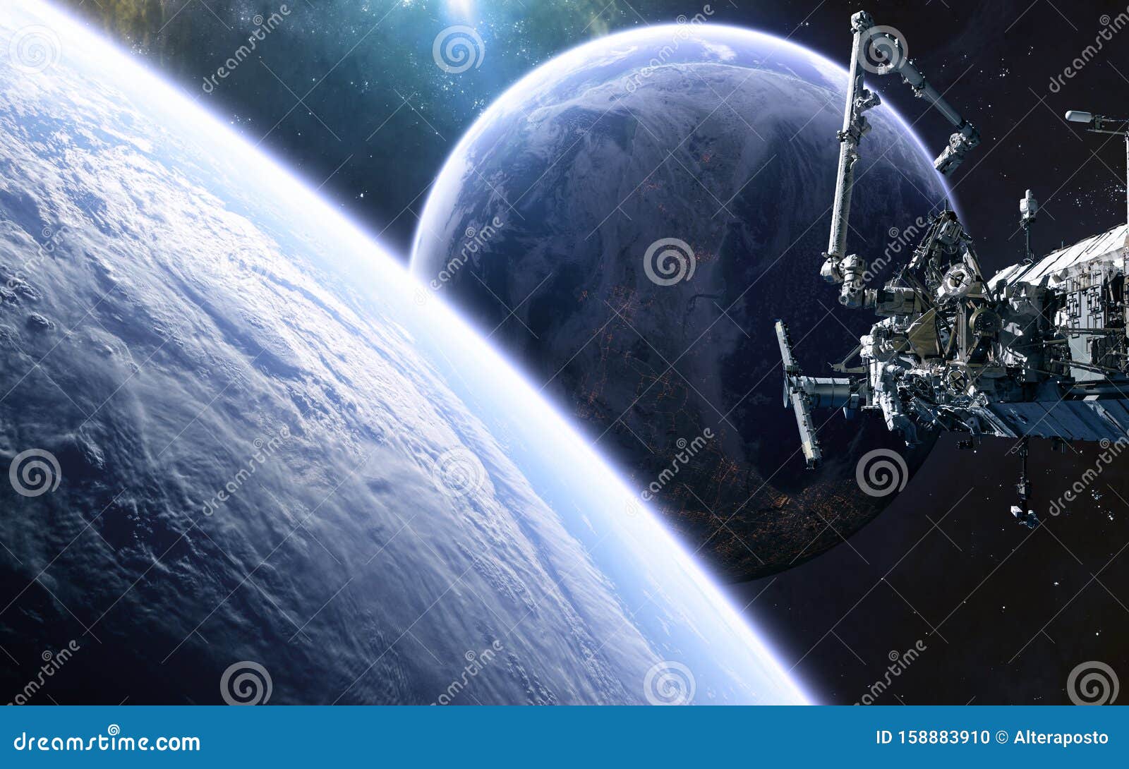 inhabited planet, space station in deep space. science fiction