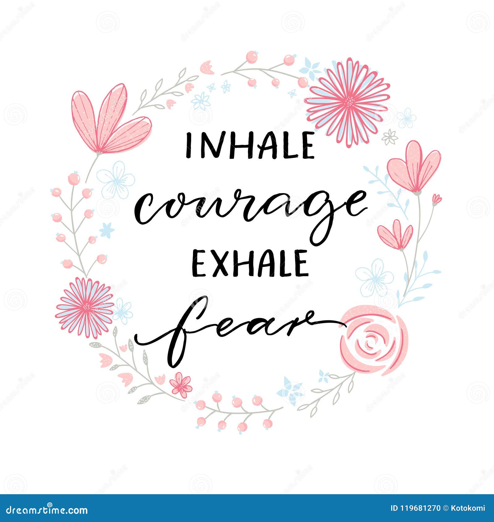 inhale courage exhale fear. inspiration support saying, motivational quote. modern calligraphy in floral wreath frame.