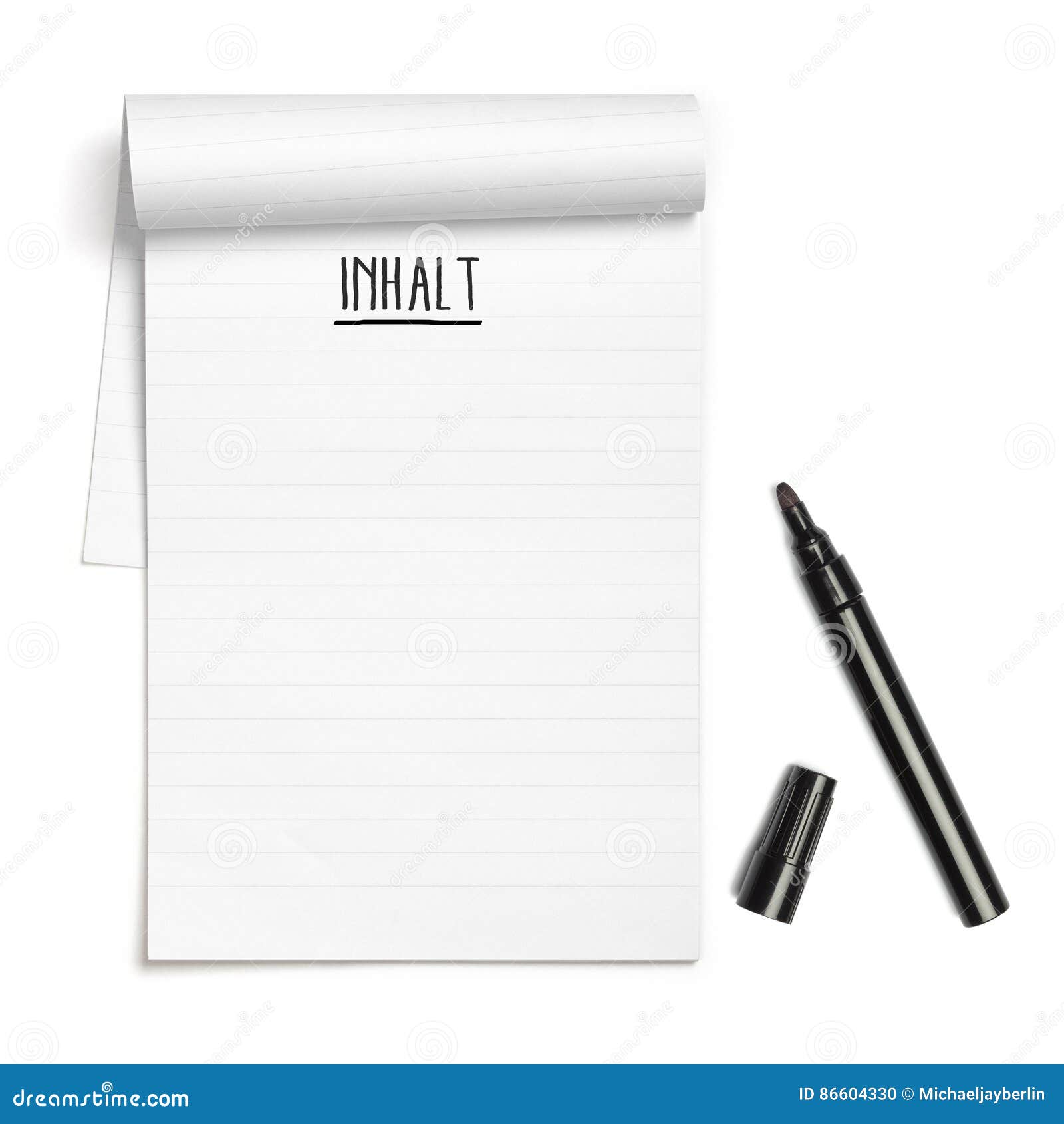 inhalt german for content on note book with black pen