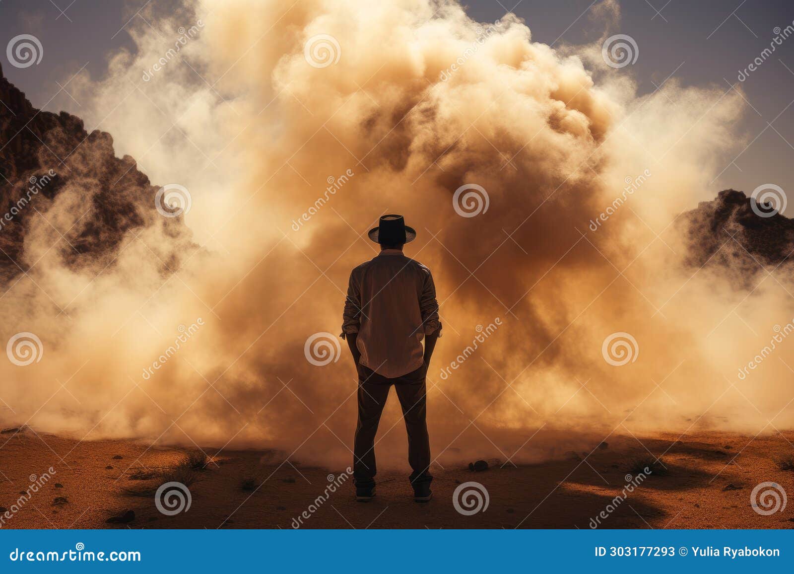 inhospitable man desert smoke. generate ai