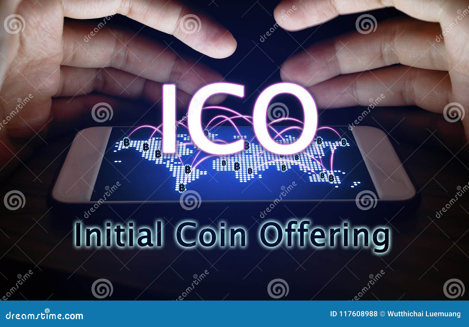 initial coin offering and hand man protection smartphone with ico concept.