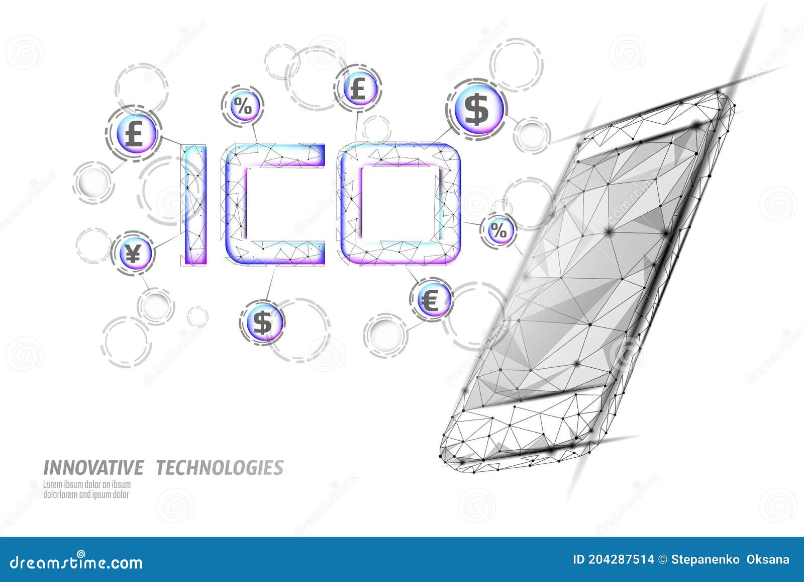 initial coin offering ico letters technology concept. business finance economy low poly  style. currency crypto